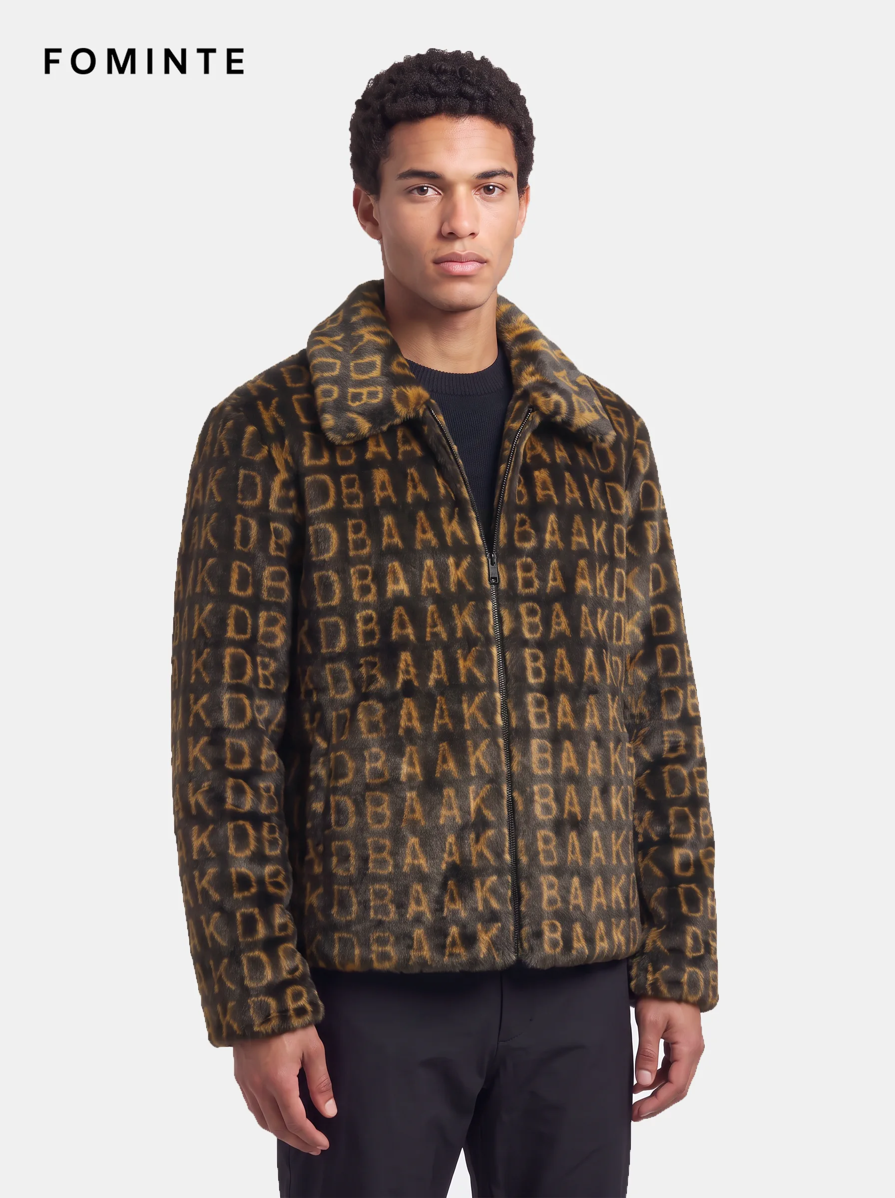 Black and Gold Monogram Luxury Faux Fur Zip Jacket