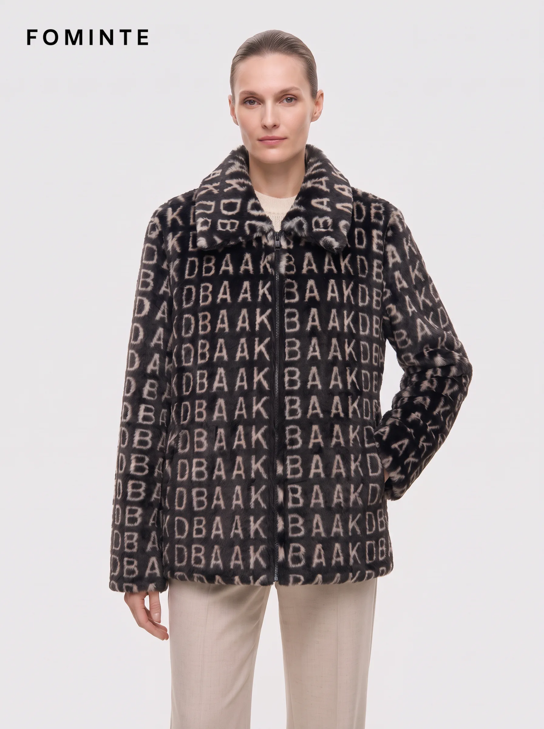 Black and Off-White Monogram Luxury Faux Fur Zip Jacket