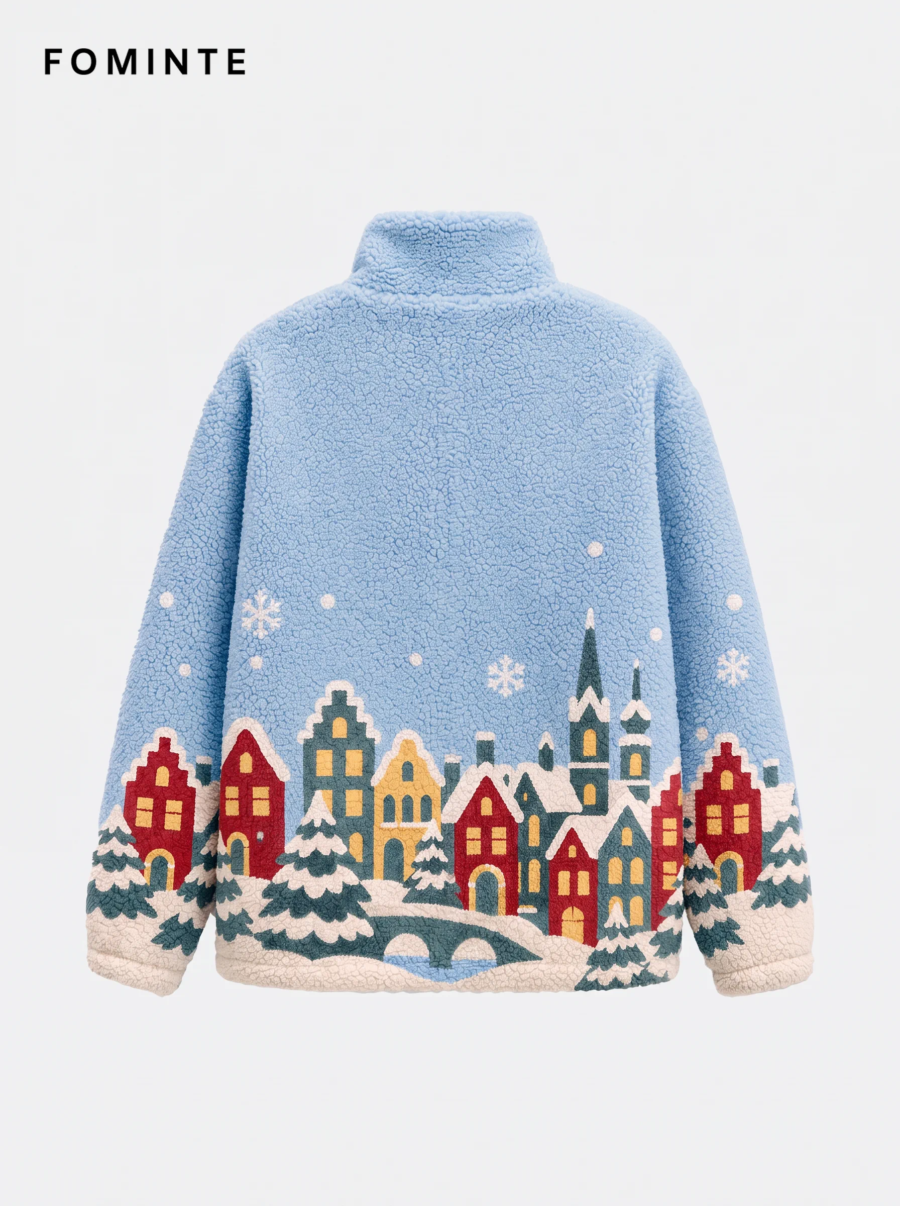 Sky Blue European Winter Town Jacquard Fleece Jacket
