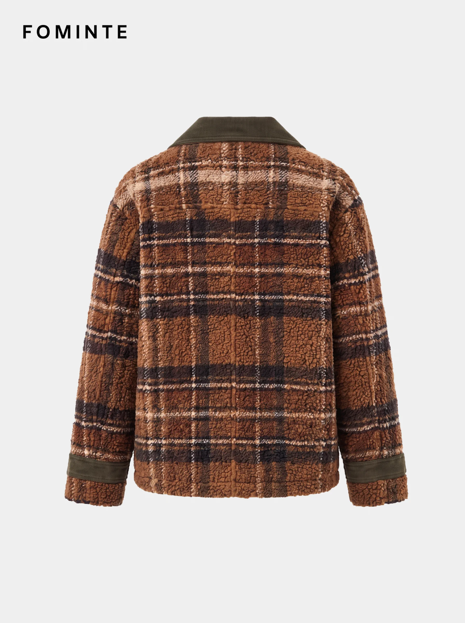 Brown Plaid Utility Sherpa Jacket with Corduroy Collar