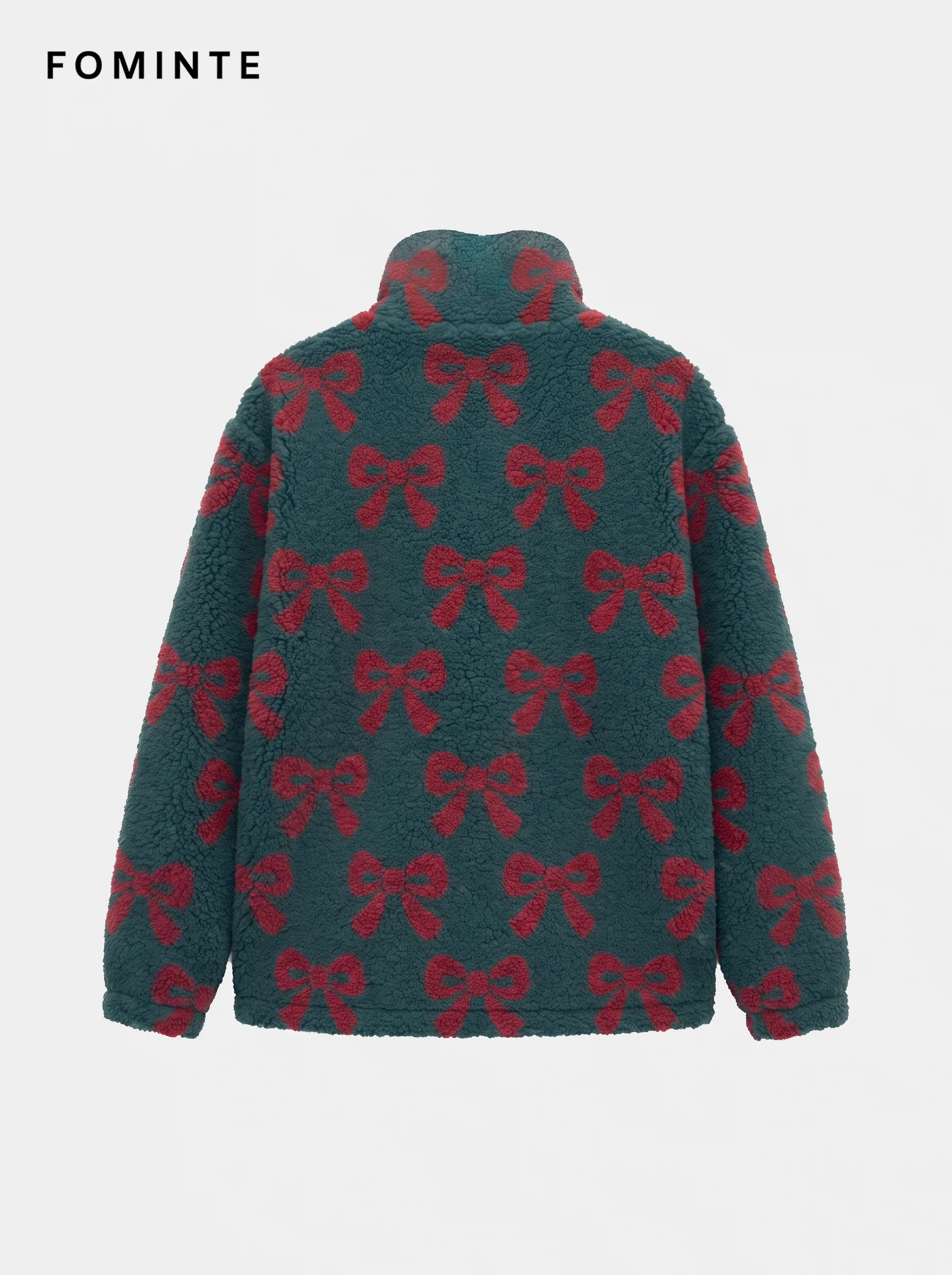 Forest Green Holiday Ribbon Bow Print Sherpa Jacket