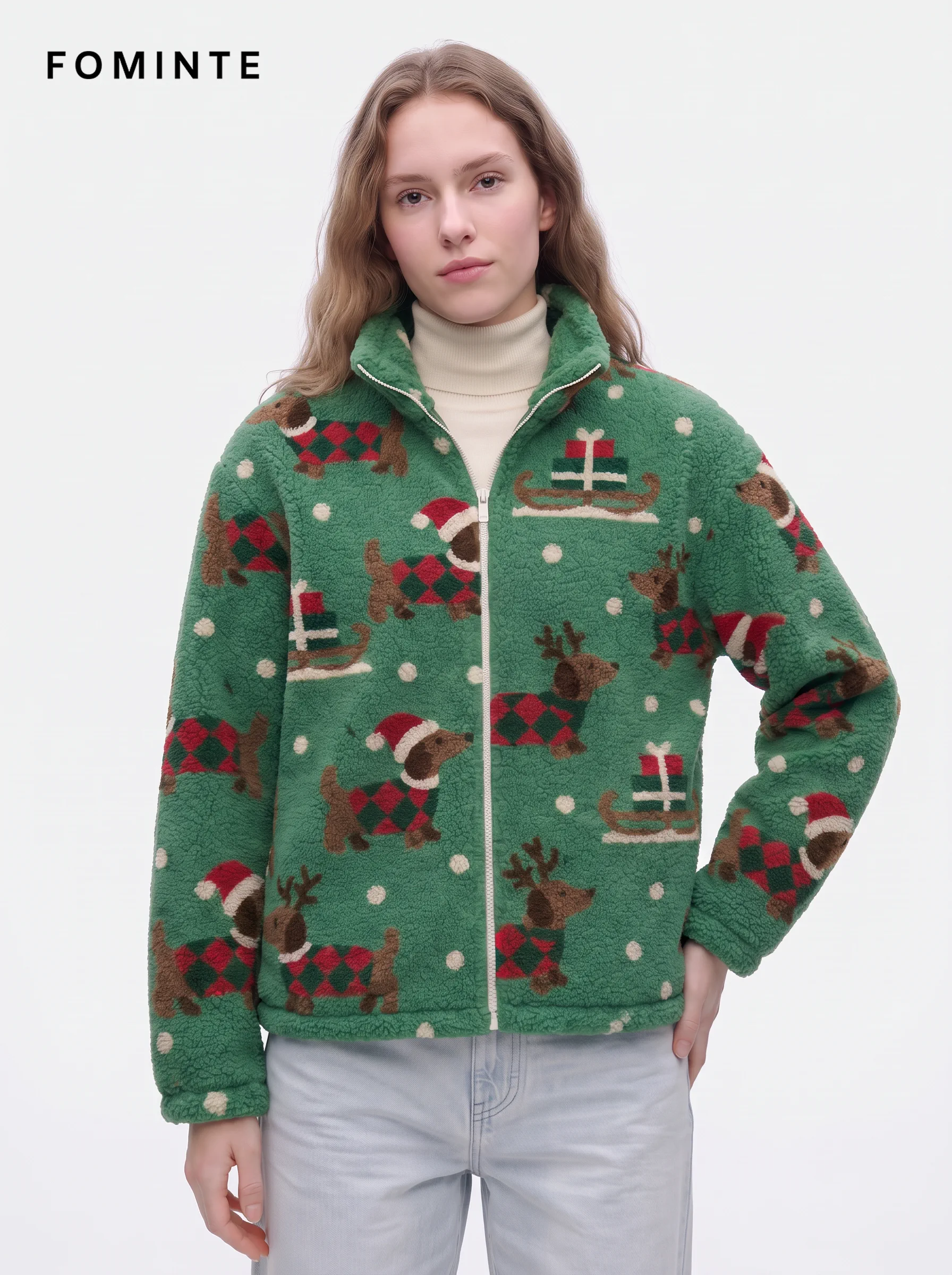 Holiday Dachshund Print Sherpa Fleece Jacket