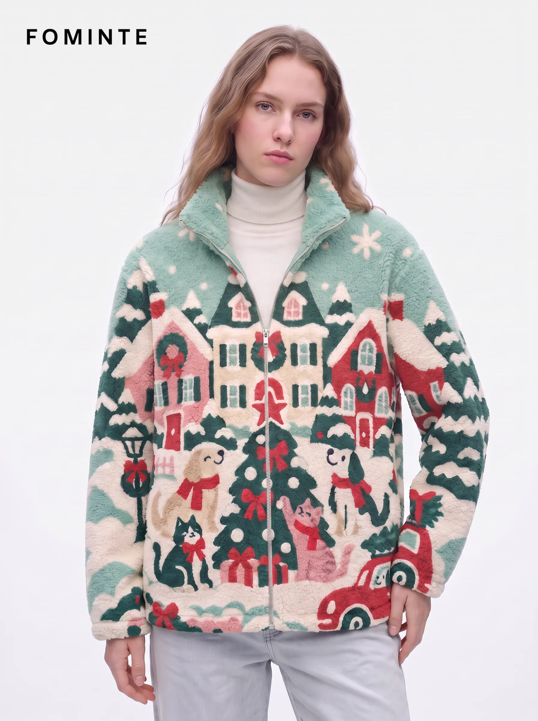 Pastel Mint Winter Village and Holiday Pets Fleece Jacket