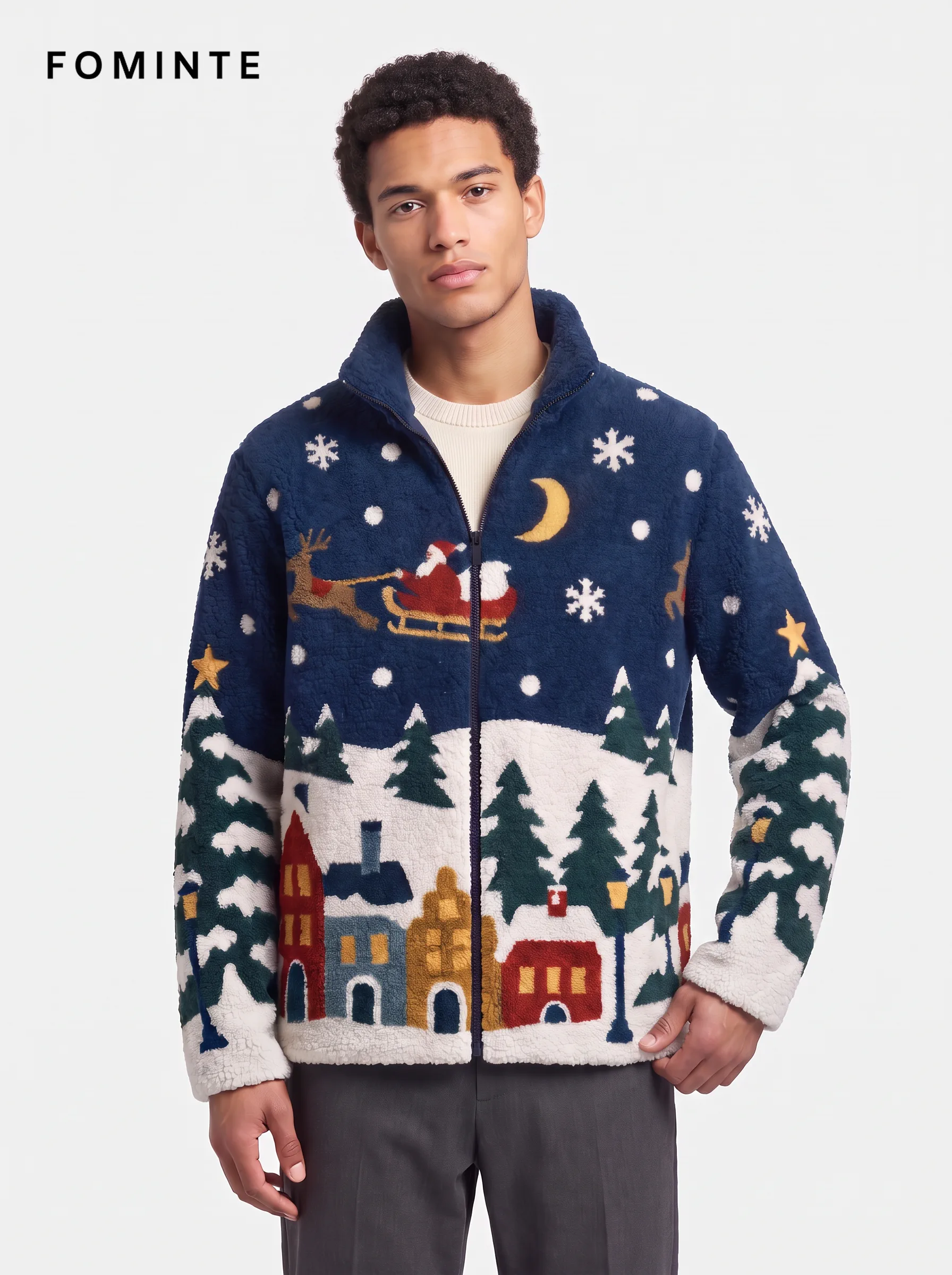 Midnight Navy Santa Sleigh Christmas Sherpa Jacket