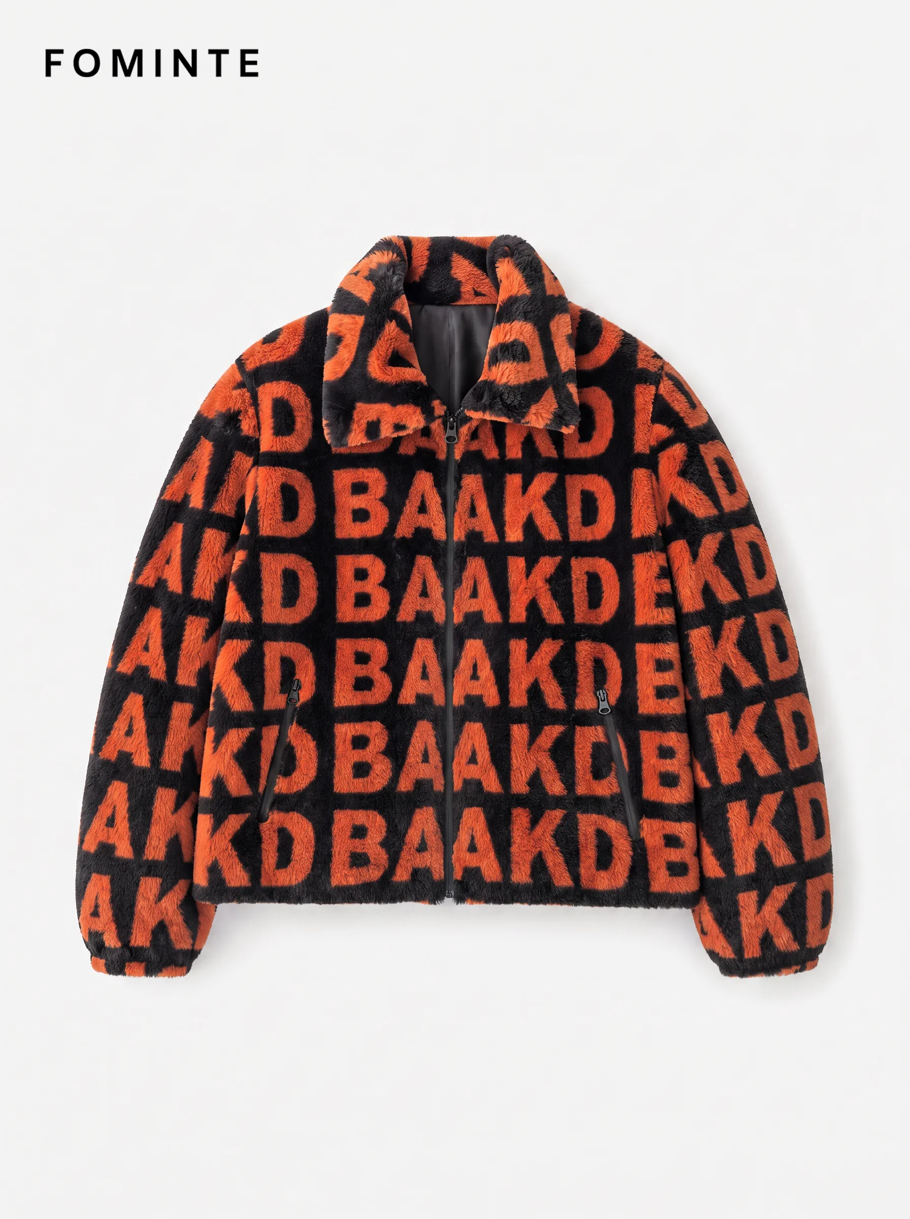 Tangerine and Black Monogram Luxury Faux Fur Zip Jacket