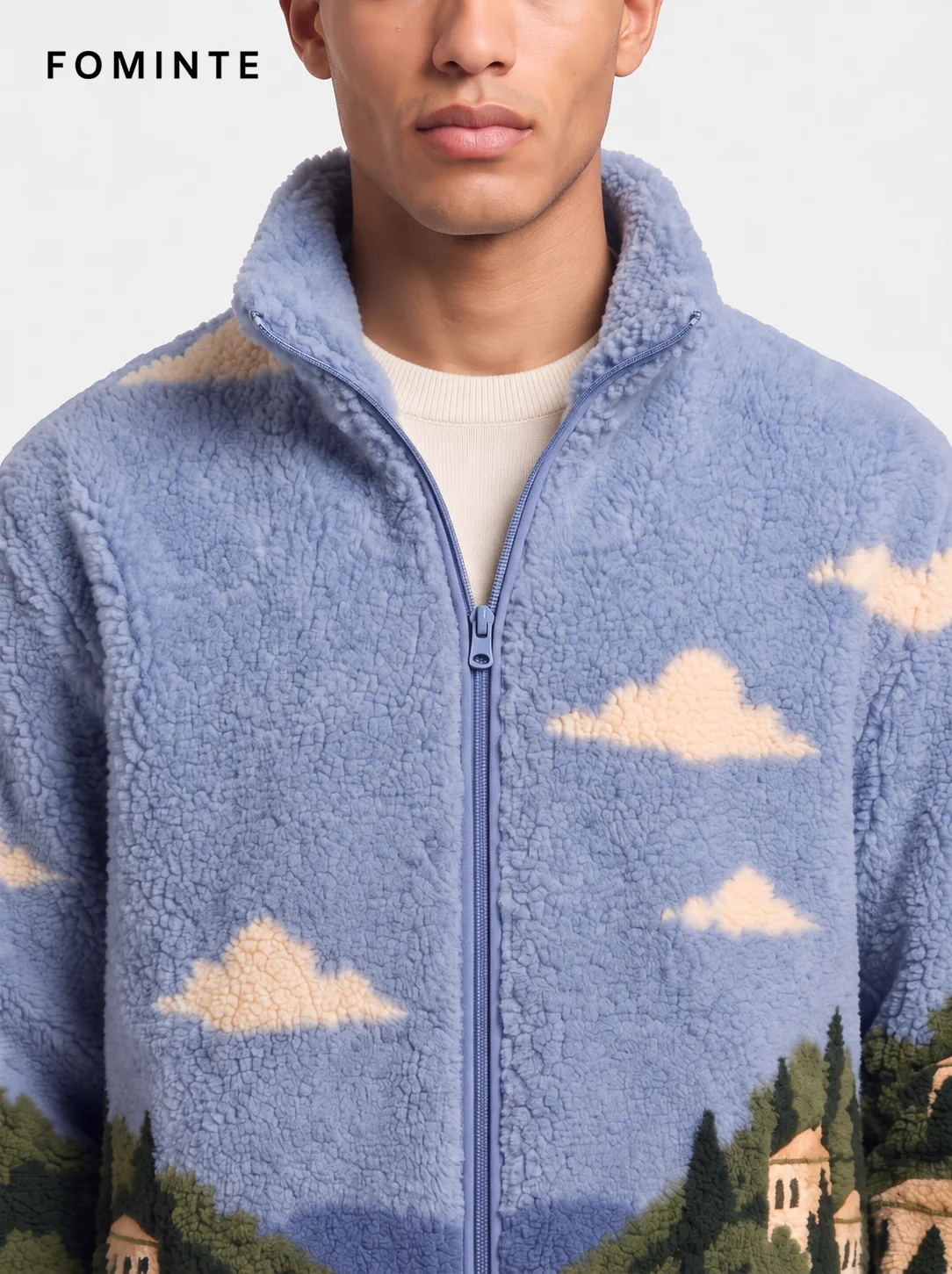 Sky Blue Mediterranean Coastal Villa Landscape Fleece Jacket