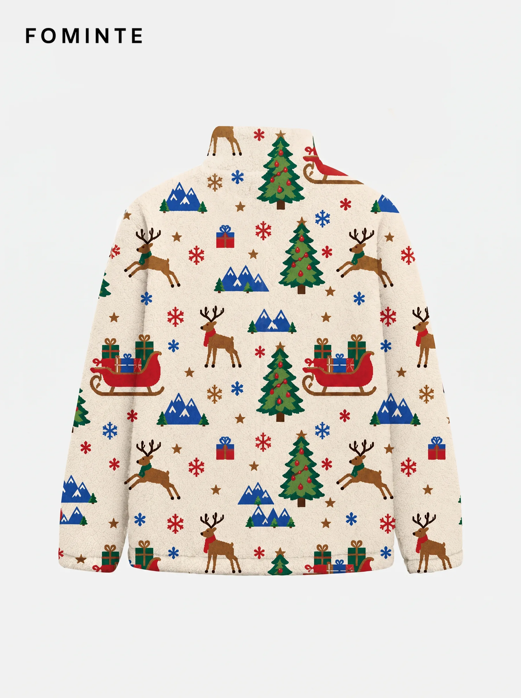 Cream Christmas Reindeer and Forest Holiday Sherpa Jacket