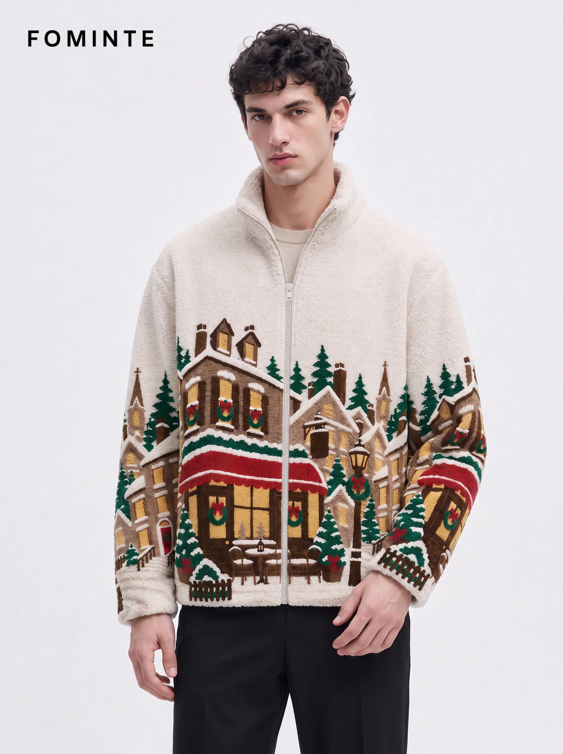 European Winter Town Jacquard Sherpa Fleece Jacket