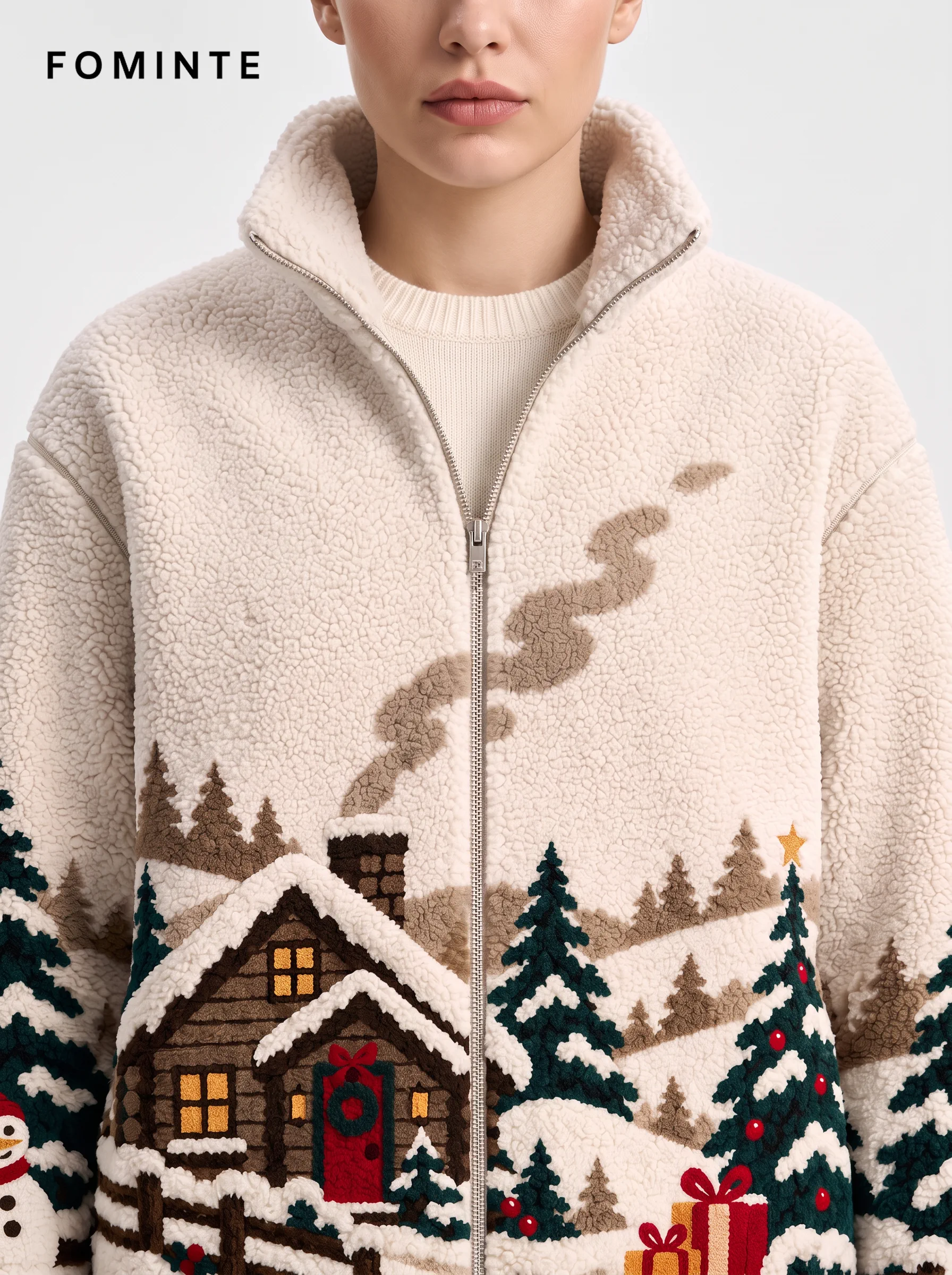 Alpine Cabin and Snowman Holiday Sherpa Fleece Jacket