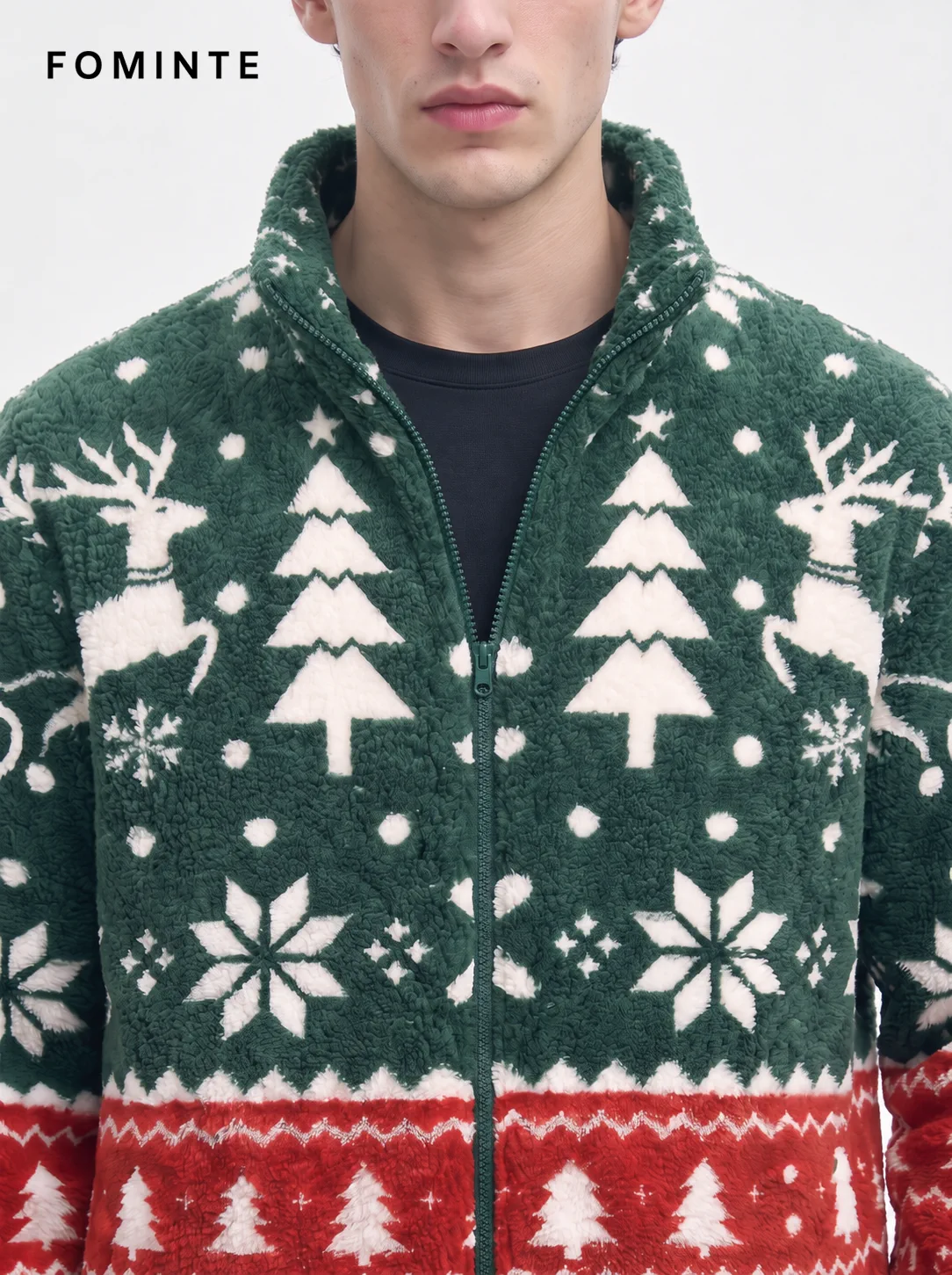 Festive Fair Isle Reindeer and Sleigh Holiday Sherpa Jacket