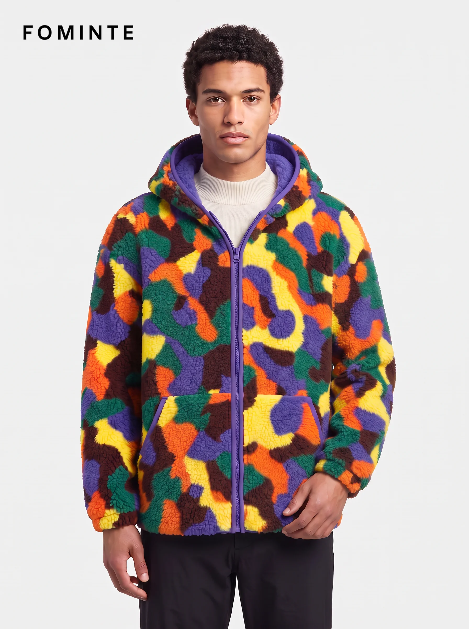 Vibrant Abstract Street Camo Hooded Sherpa Fleece Jacket