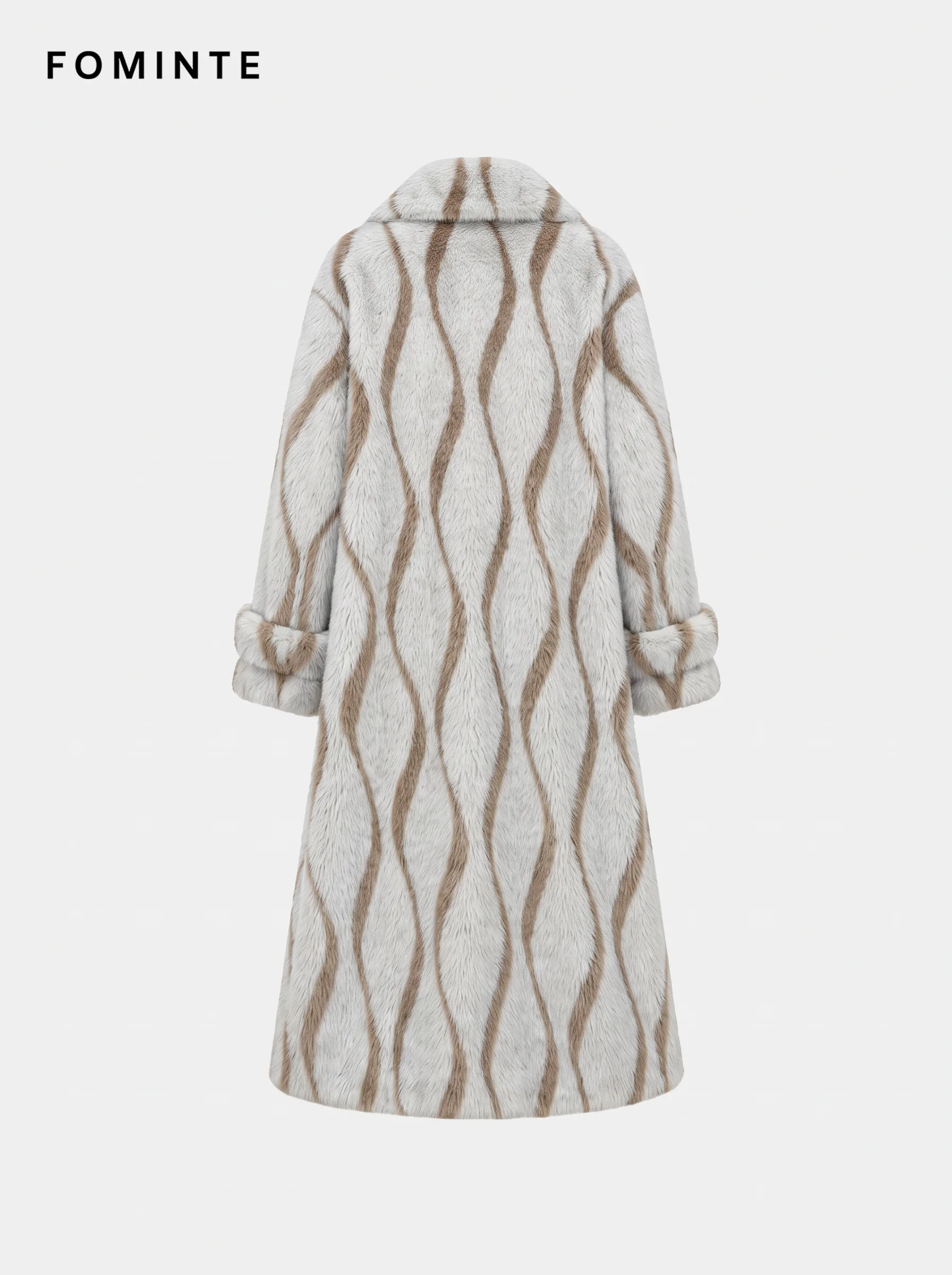 Cream and Dove Grey Striped Lapel Faux Fur Coat