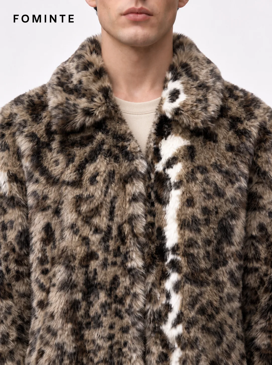 Greige Geometric Jacquard Hooded Faux Fur Coat