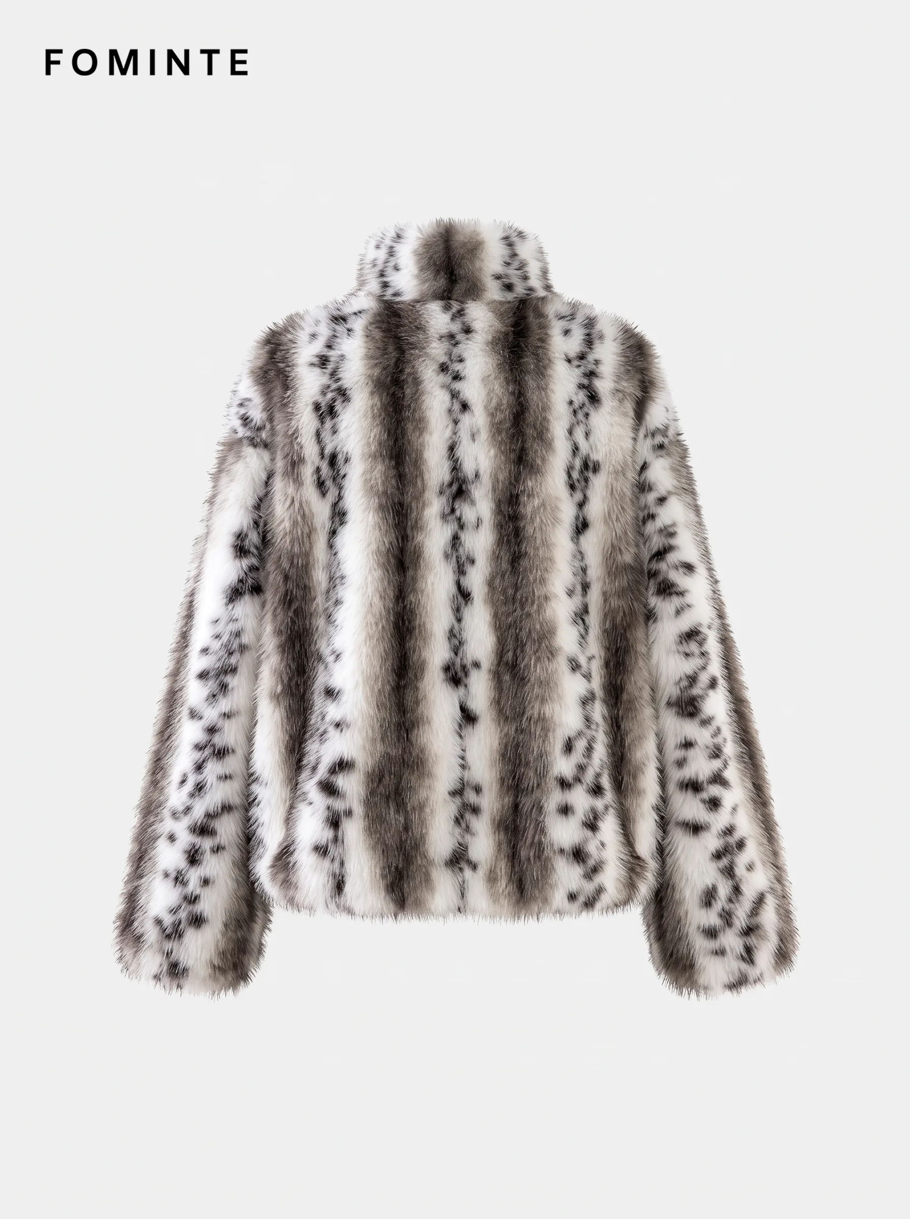 Snow Leopard Print Notch Lapel Faux Fur Jacket