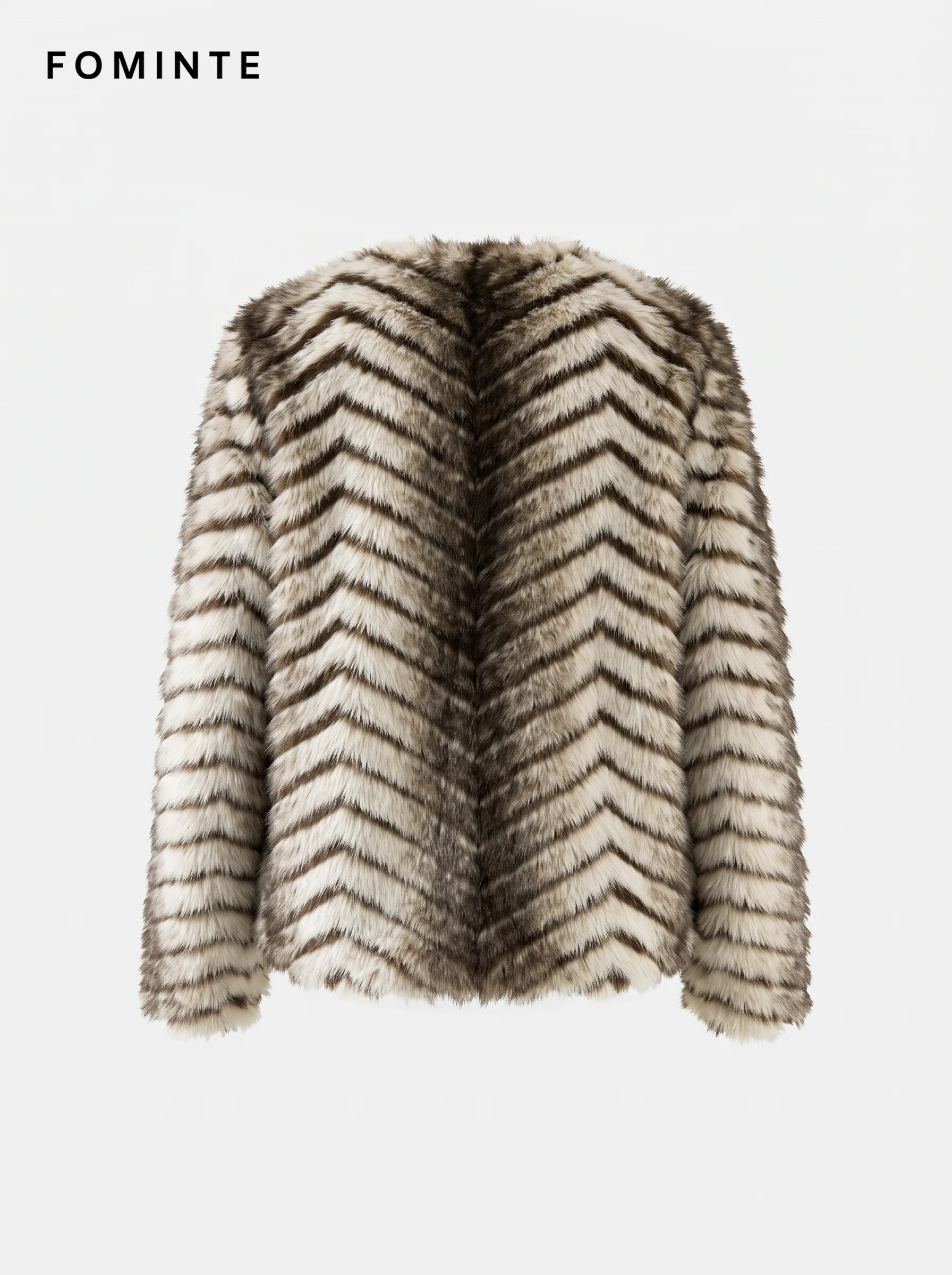 Ivory and Camel Wave Ripple Patterned Faux Fur Jacket