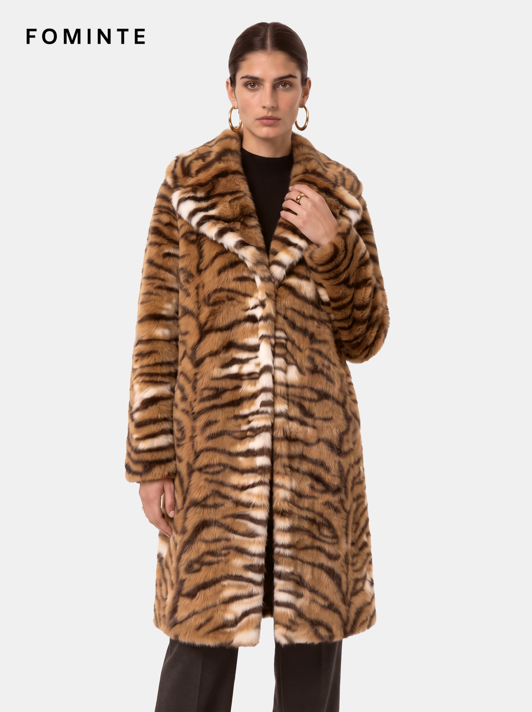 Warm Ivory Tiger-Inspired Faux Fur Coat