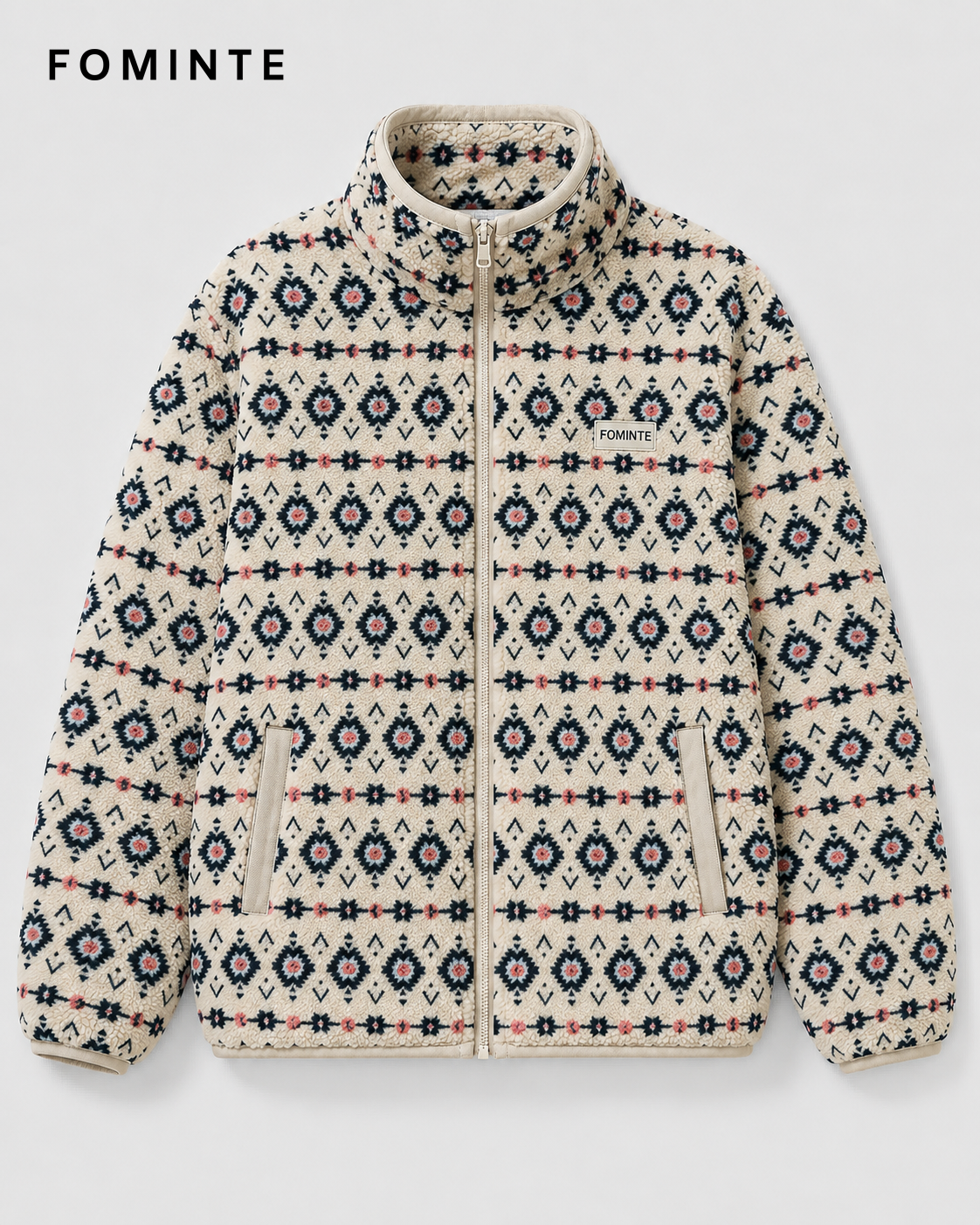Cream and Light Blue Geometric Print Women's Printed Full-Zip Fleece Jacket Wholesale Custom Outerwear - FM0802000439