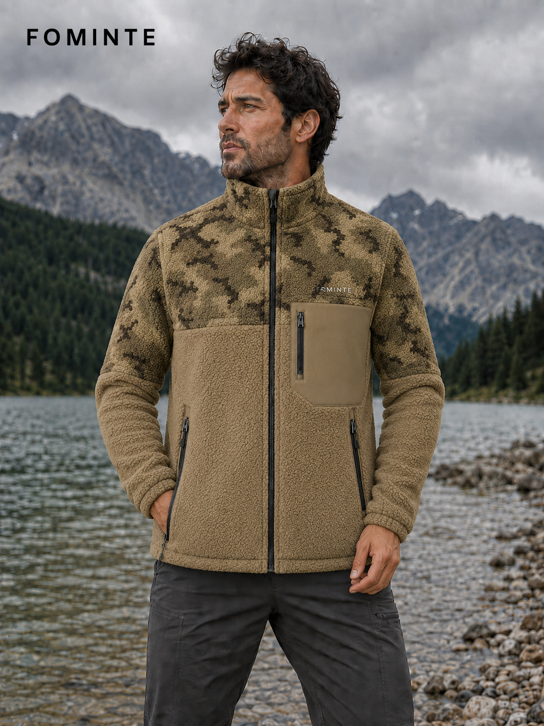 Camo and Camel Brown Men's Hybrid Fleece Jacket Wholesale Custom Outerwear - FM0801000426-1