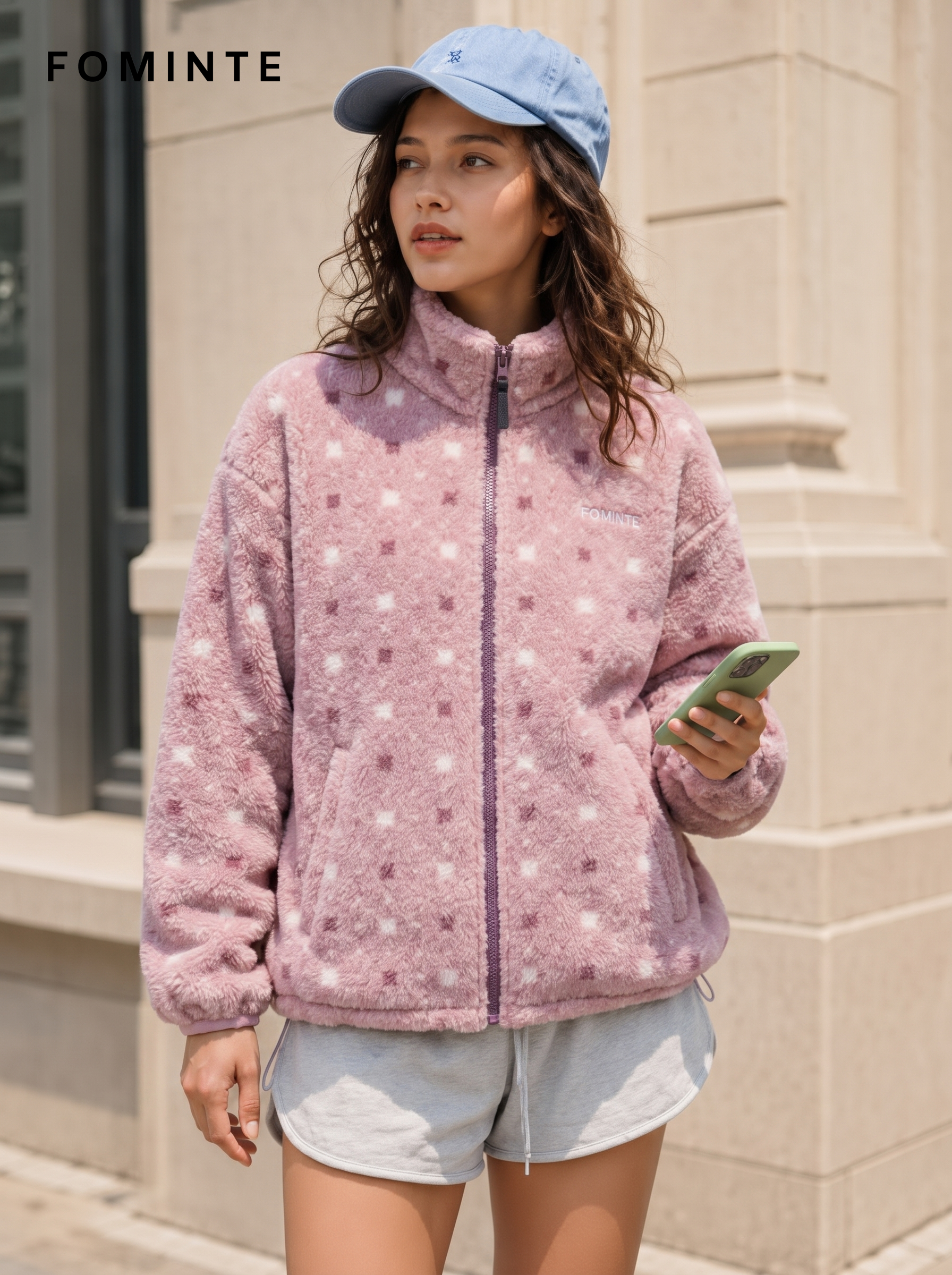 Mist Pink Women's Printed Full-Zip Fleece Jacket Wholesale Custom Outerwear - FM0802000440-2