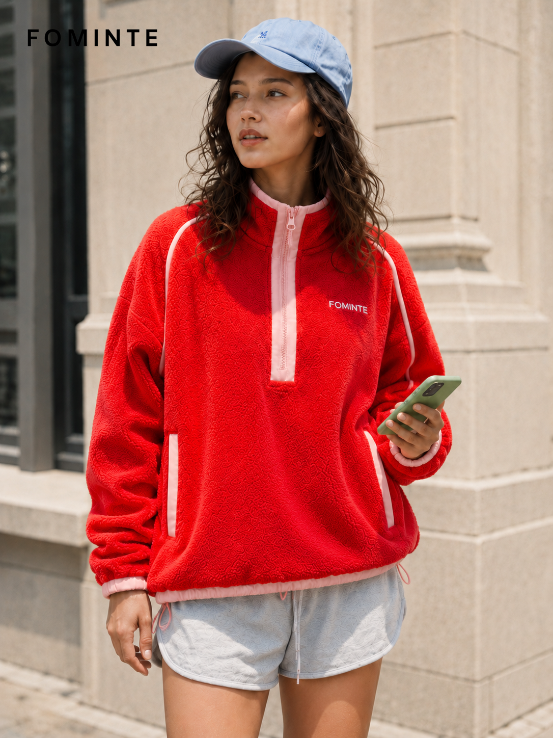 Tomato Red and Mist Pink Women's Colorblock Quarter-Zip Fleece Pullover Wholesale Custom Outerwear - FM0802000444-2