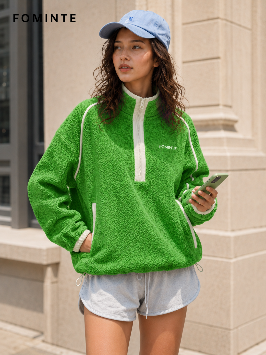 Grass Green and Cream Women's Colorblock Quarter-Zip Fleece Pullover Wholesale Custom Outerwear - FM0802000444-3