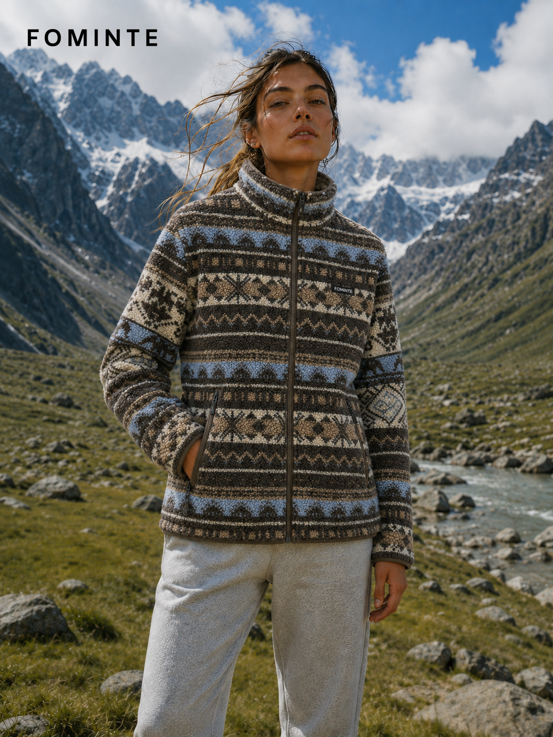 Brown and Blue Nordic Print Women's Nordic Print Full-Zip Fleece Jacket Wholesale Custom Outerwear - FM0802000445