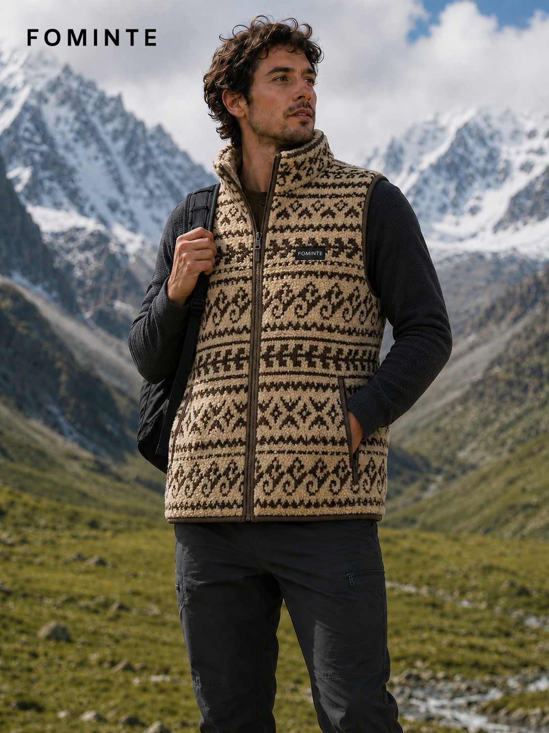 Beige and Brown Nordic Print Men's Nordic Print Full-Zip Fleece Vest Wholesale Custom Outerwear - FM0802000447