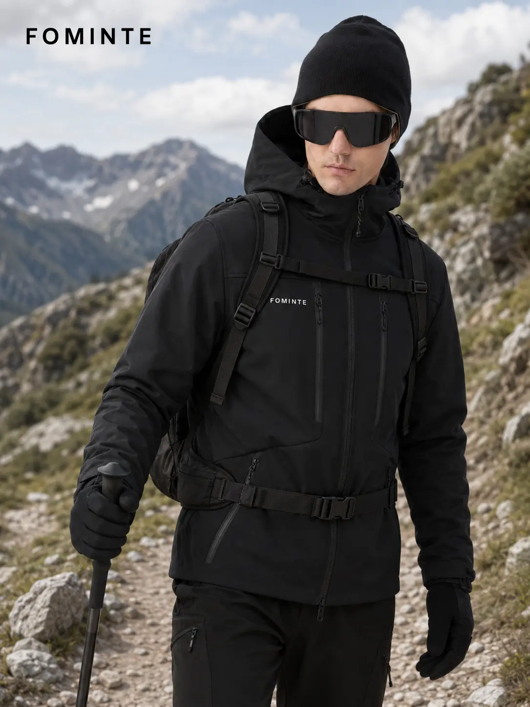 Men's Black Hooded Softshell Hiking Jacket