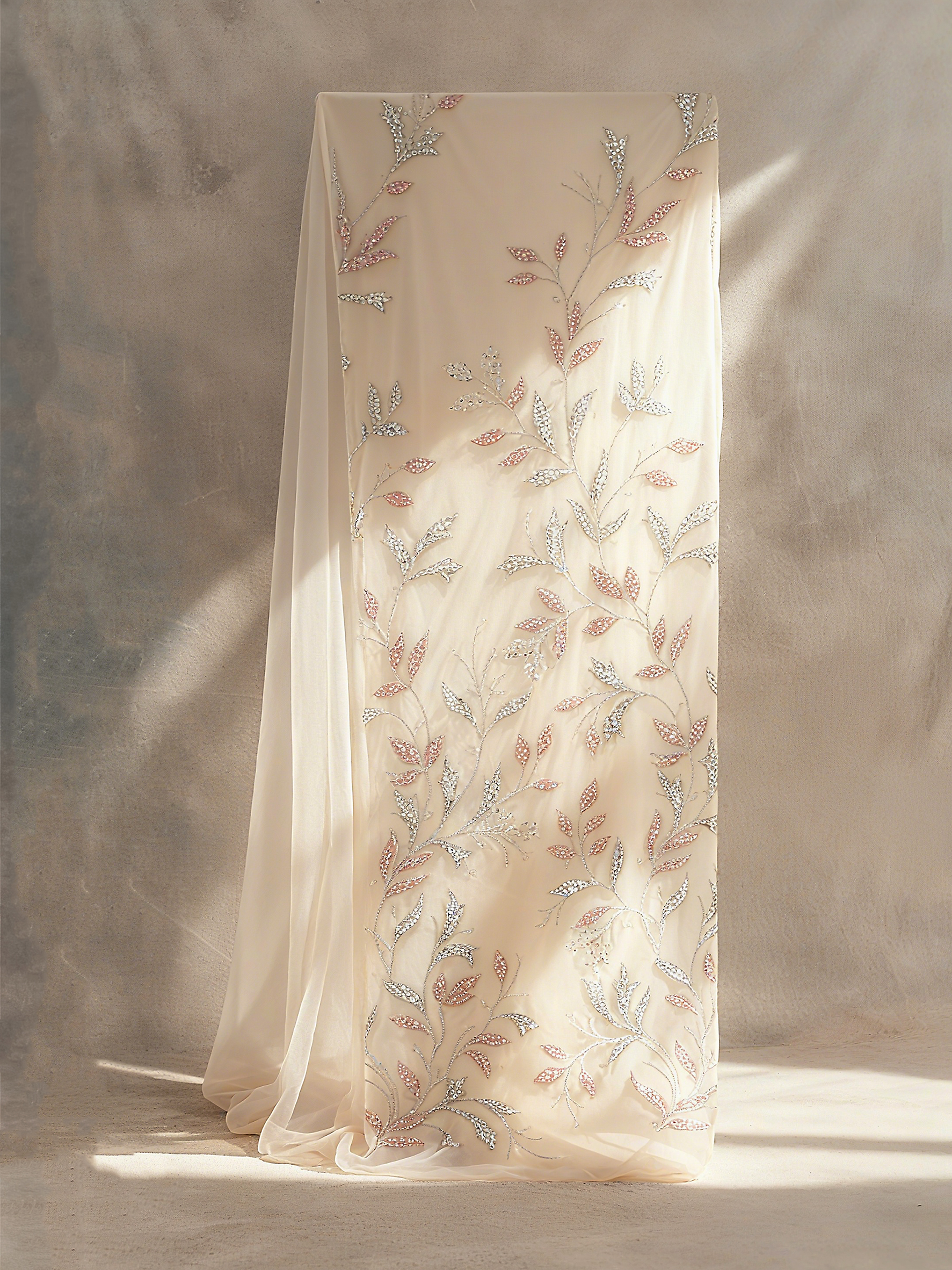 FT25-268B Romantic Botanical Vine Embroidered Lace with Sequin Leaves