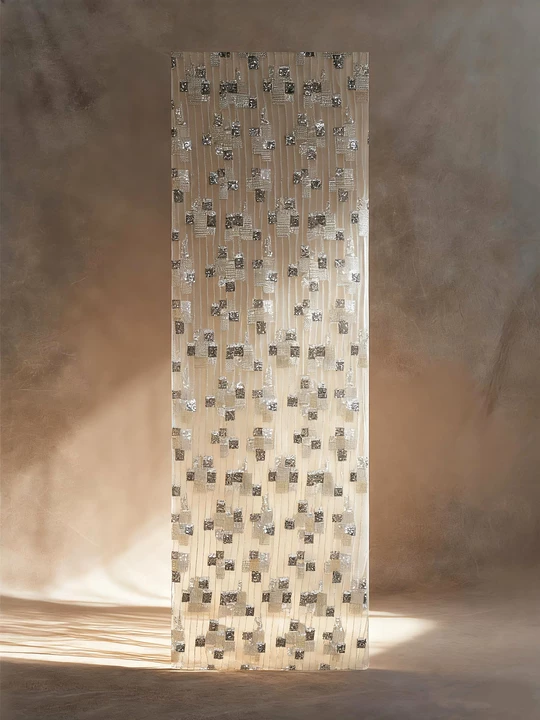 FT25-042: Modern Mosaic Tile Beaded Fabric with Art Deco Grid Pattern