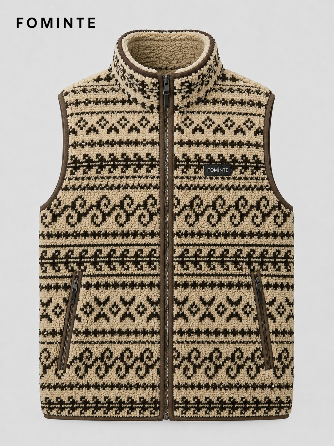 Beige and Brown Nordic Print Men's Nordic Print Full-Zip Fleece Vest Wholesale Custom Outerwear - FM0802000447