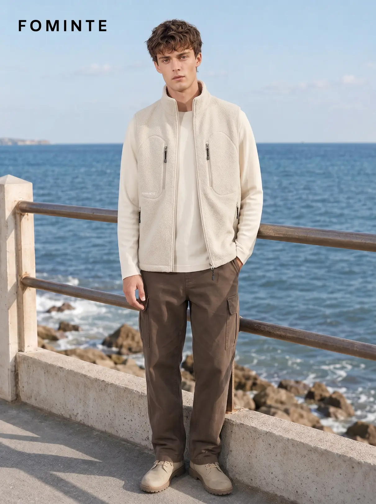 Men's Off White Full-Zip Fleece Vest