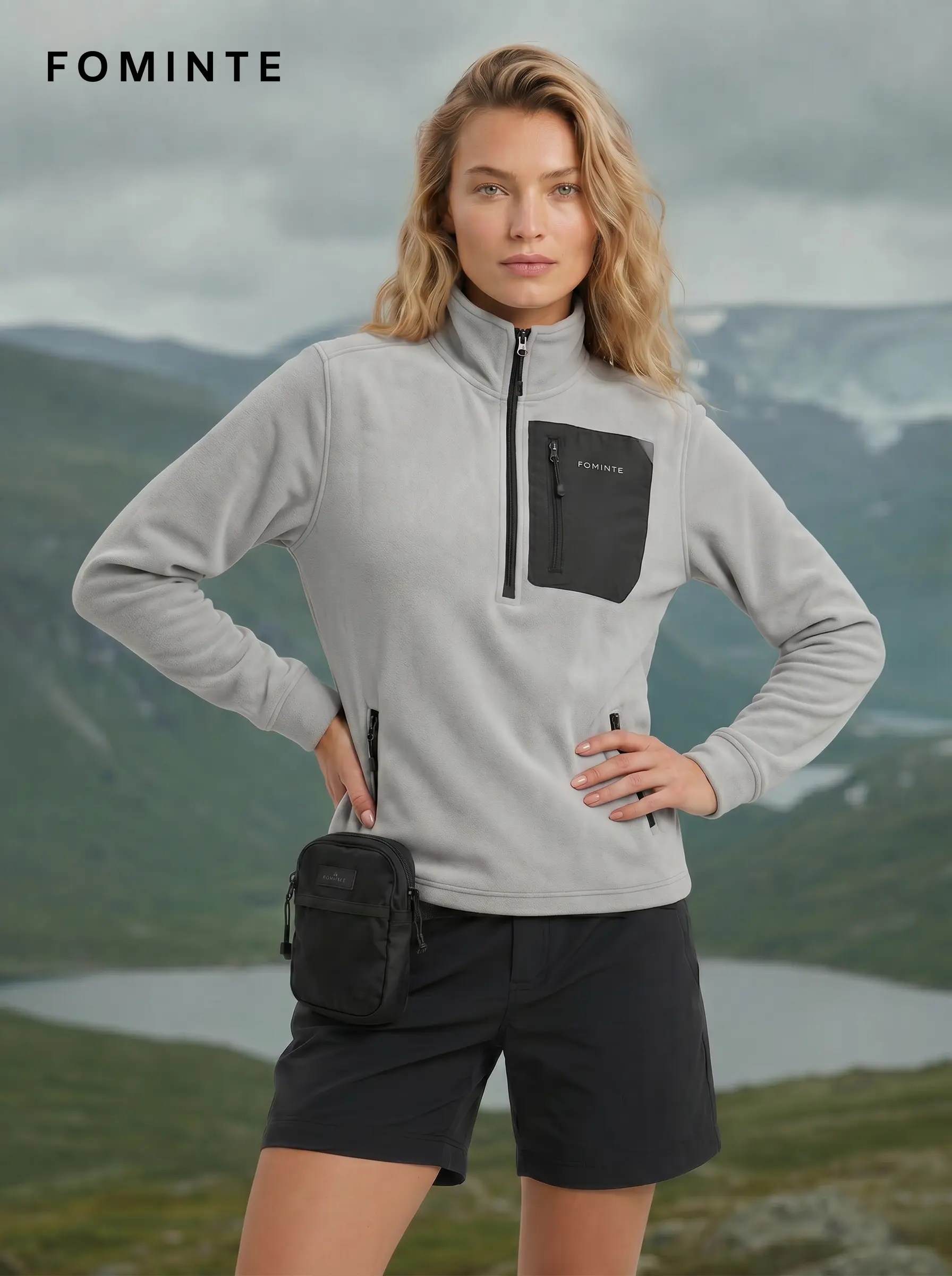 Women's Grey Stand Collar Hiking Quarter-Zip Fleece Hoodie