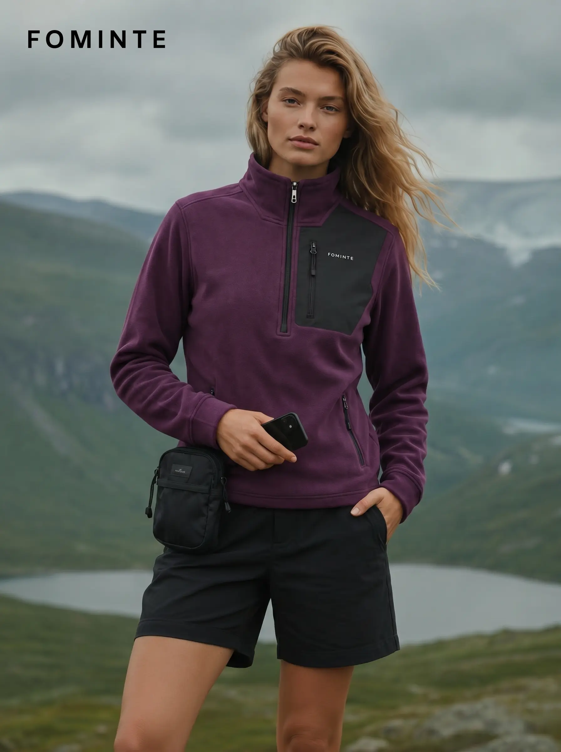 Women's Purple Stand Collar Hiking Quarter-Zip Fleece Hoodie