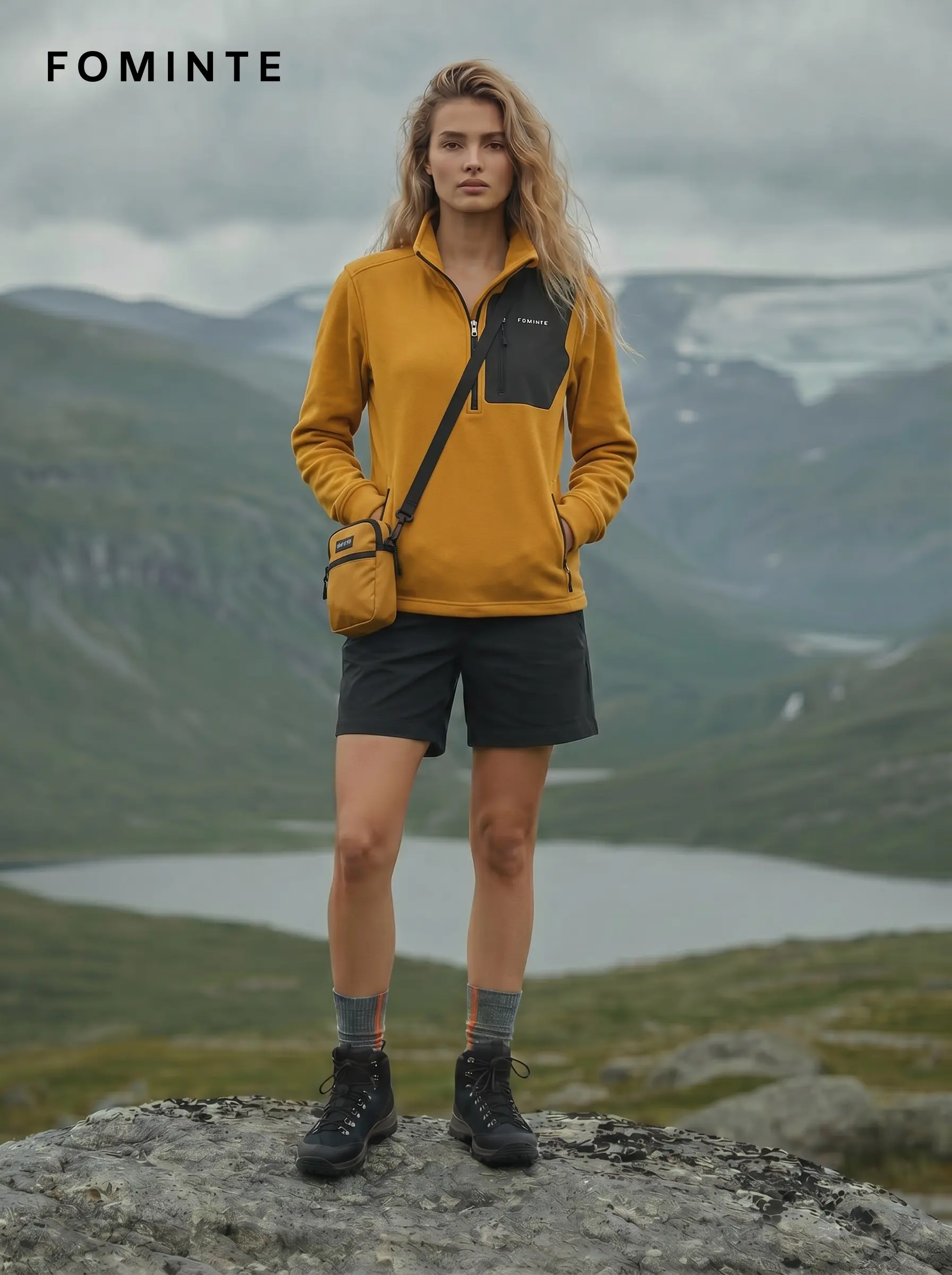 Women's Ginger Yellow Stand Collar Hiking Quarter-Zip Fleece Hoodie