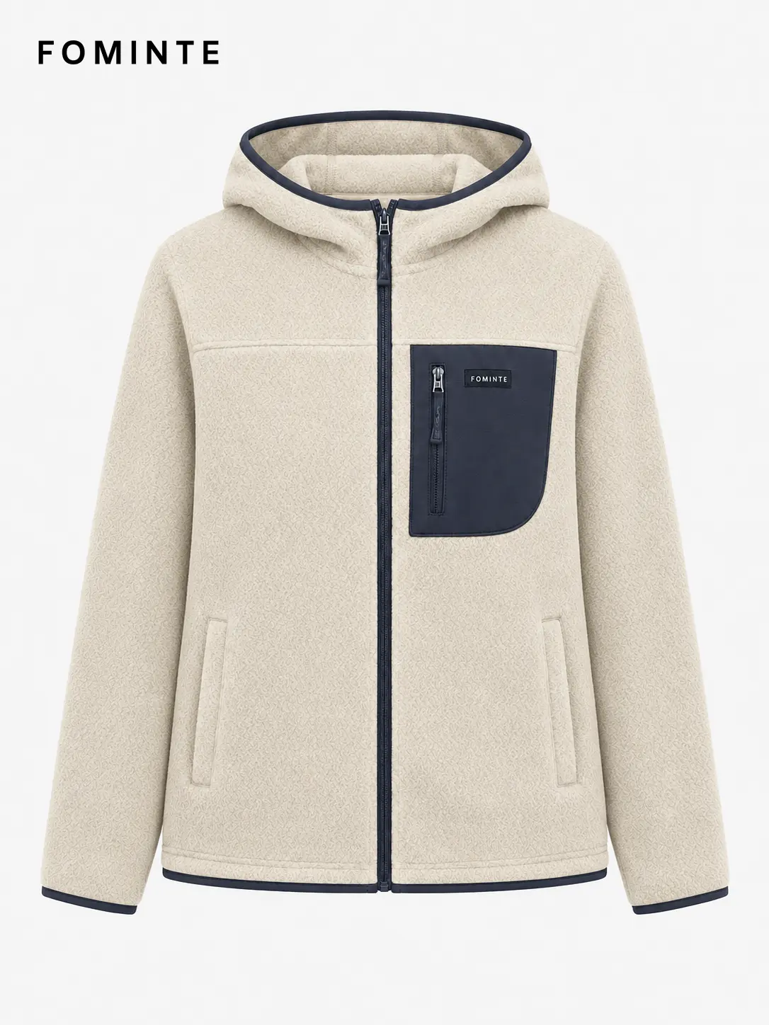 Women's Beige and Charcoal Black Hooded Full-Zip Fleece Jacket