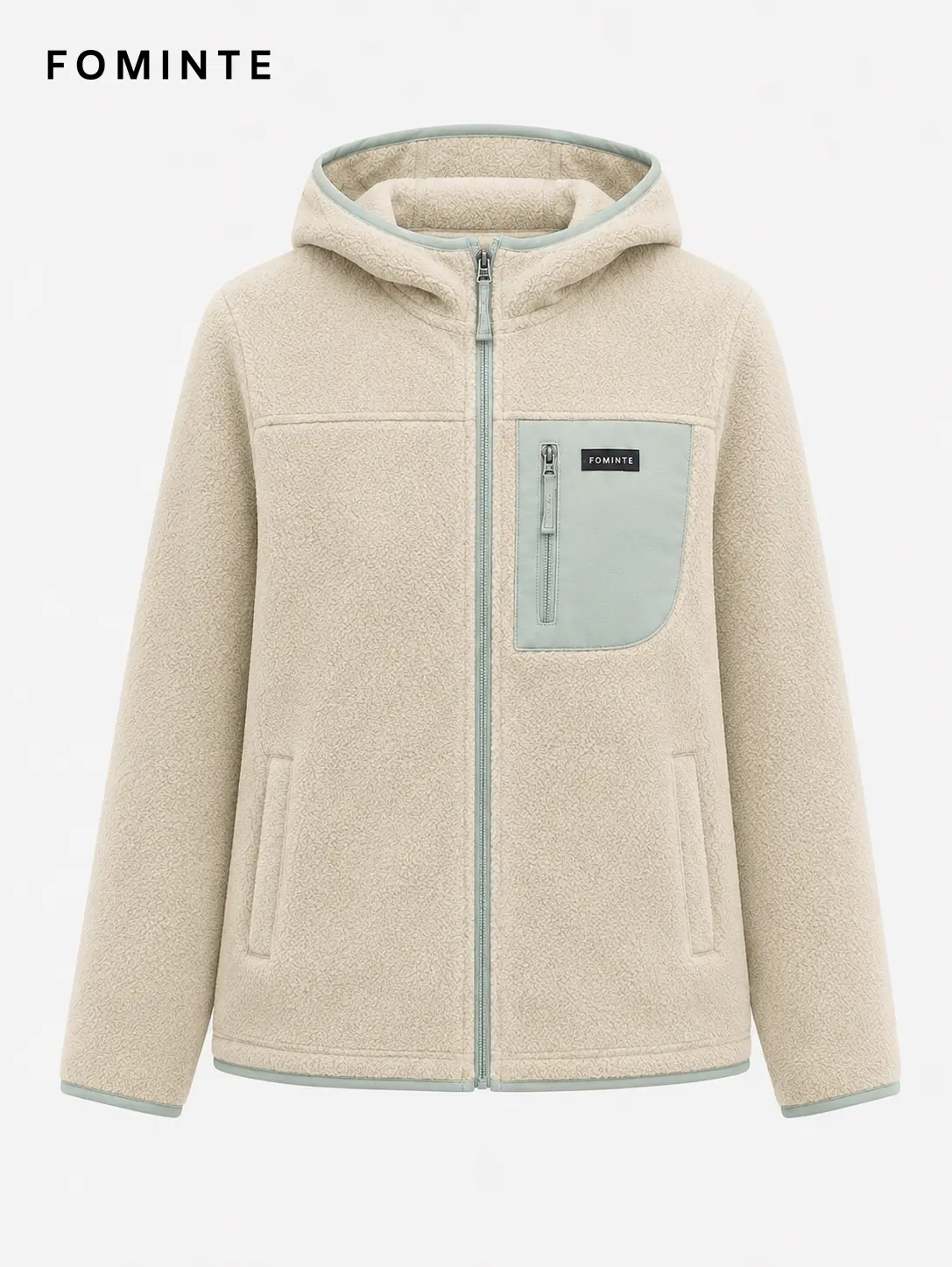 Women's Beige and Light Grey Green Hooded Full-Zip Fleece Jacket