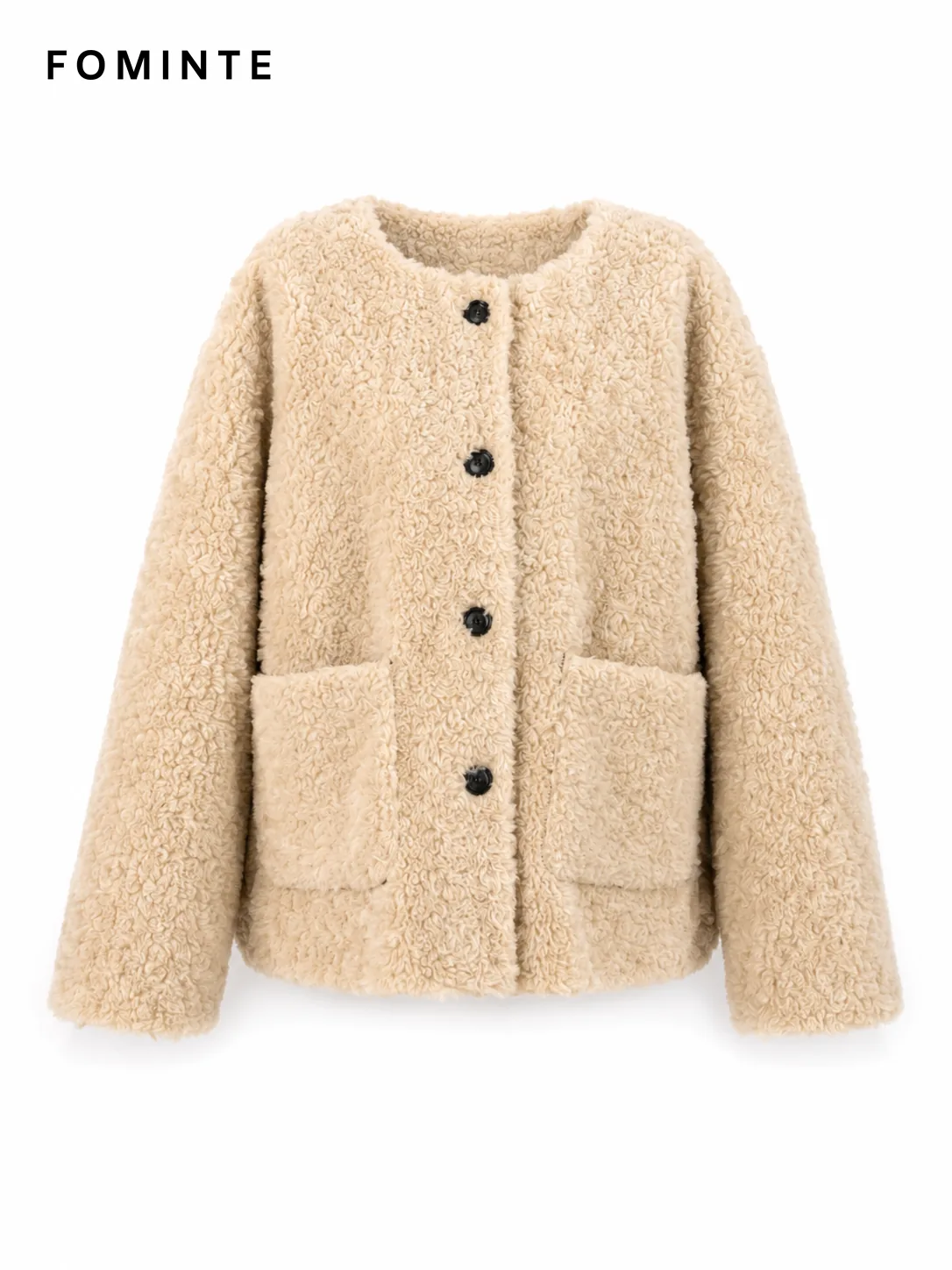 Beige Textured Button Faux Fur Jacket Wholesale