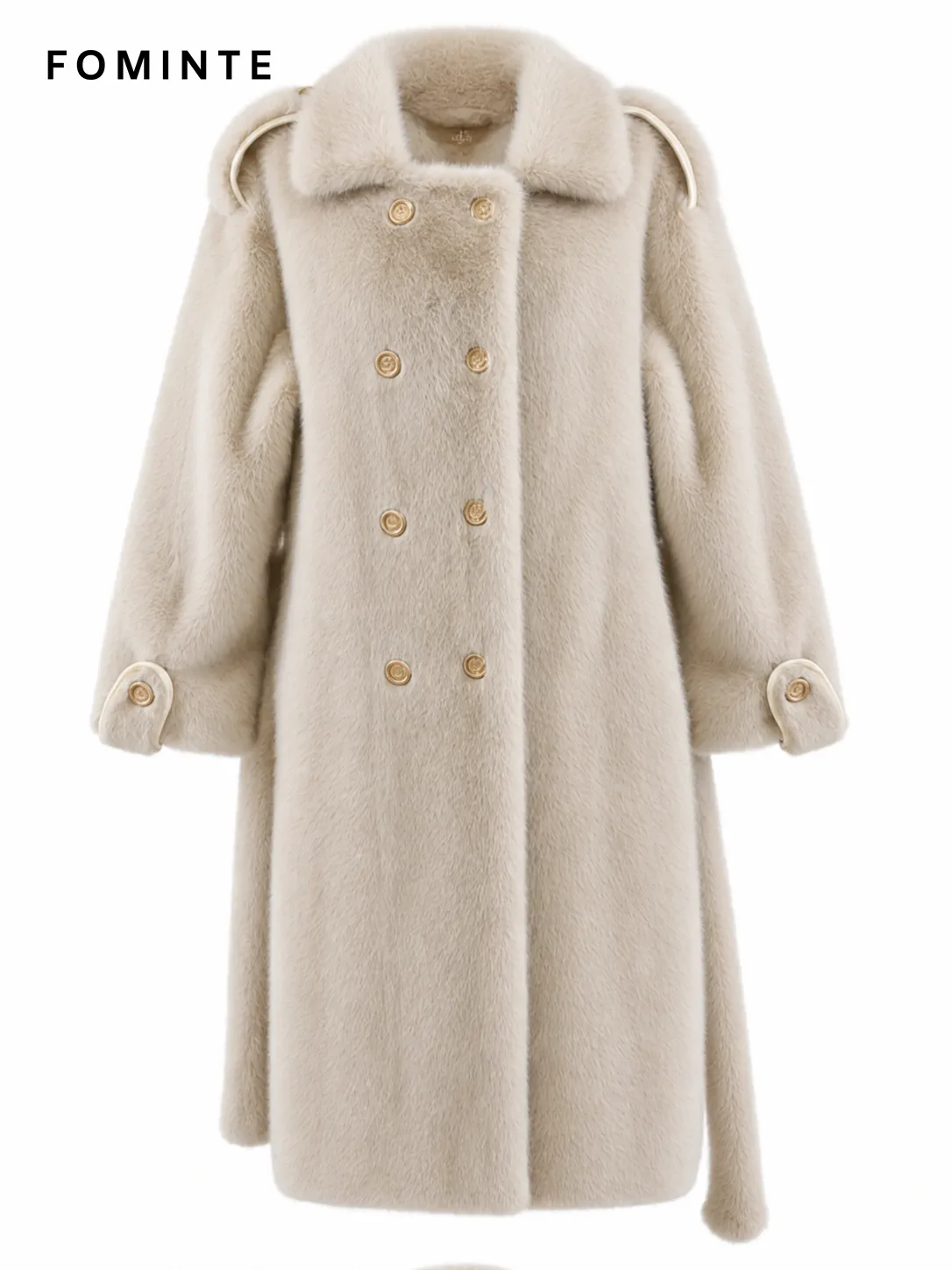Ivory Belted Double-Breasted Faux Fur Coat Wholesale