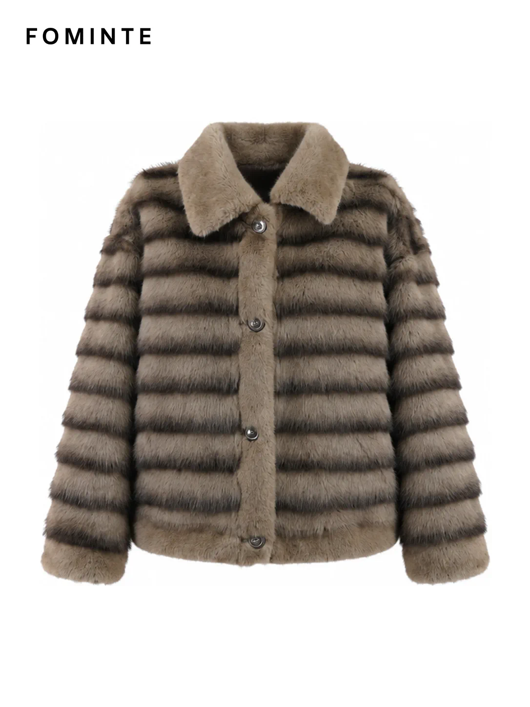 Coffee Striped Faux Fur Button-Front Jacket Wholesale