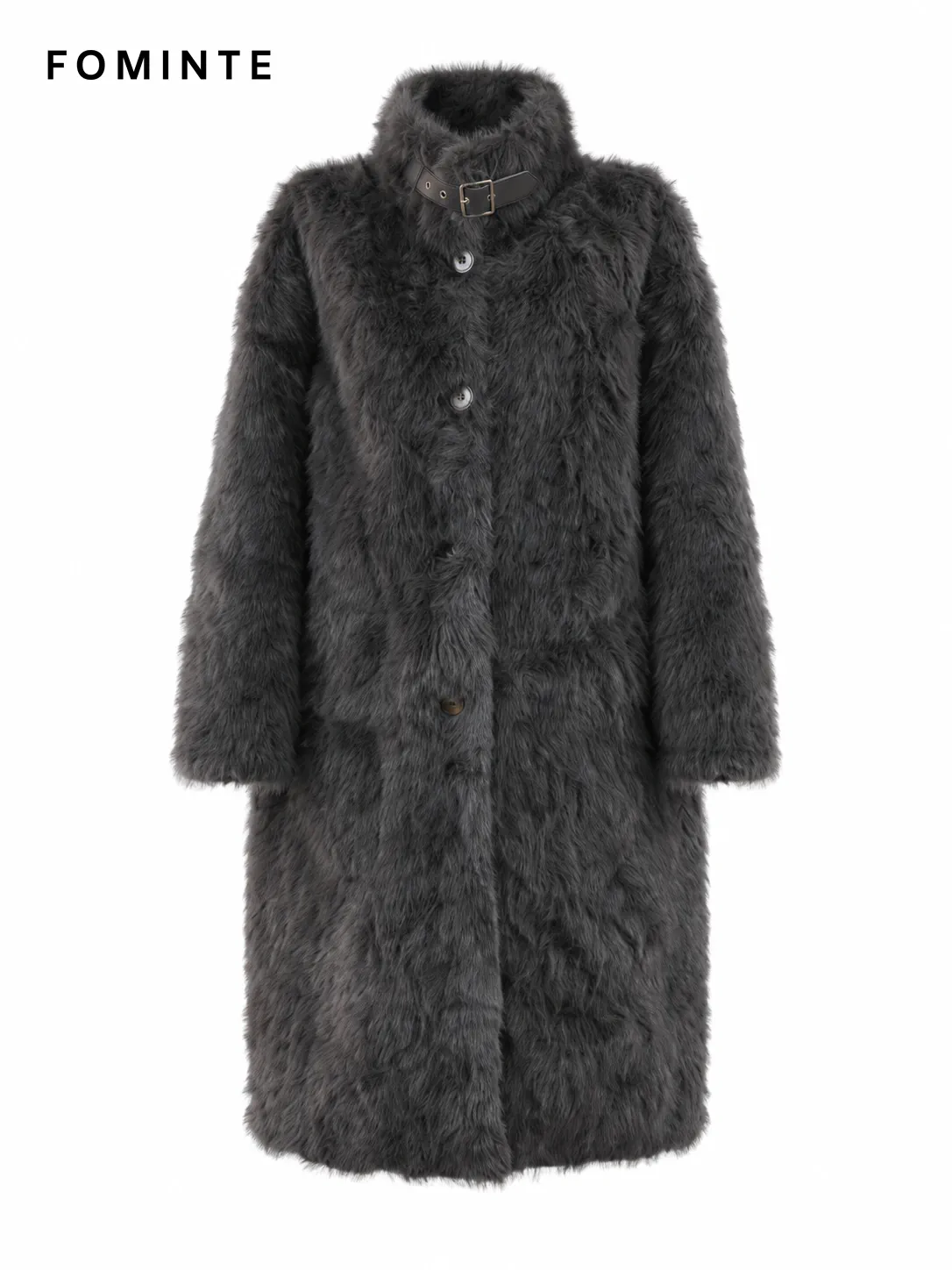 Grey Buckle-Collar Faux Fur Coat Wholesale