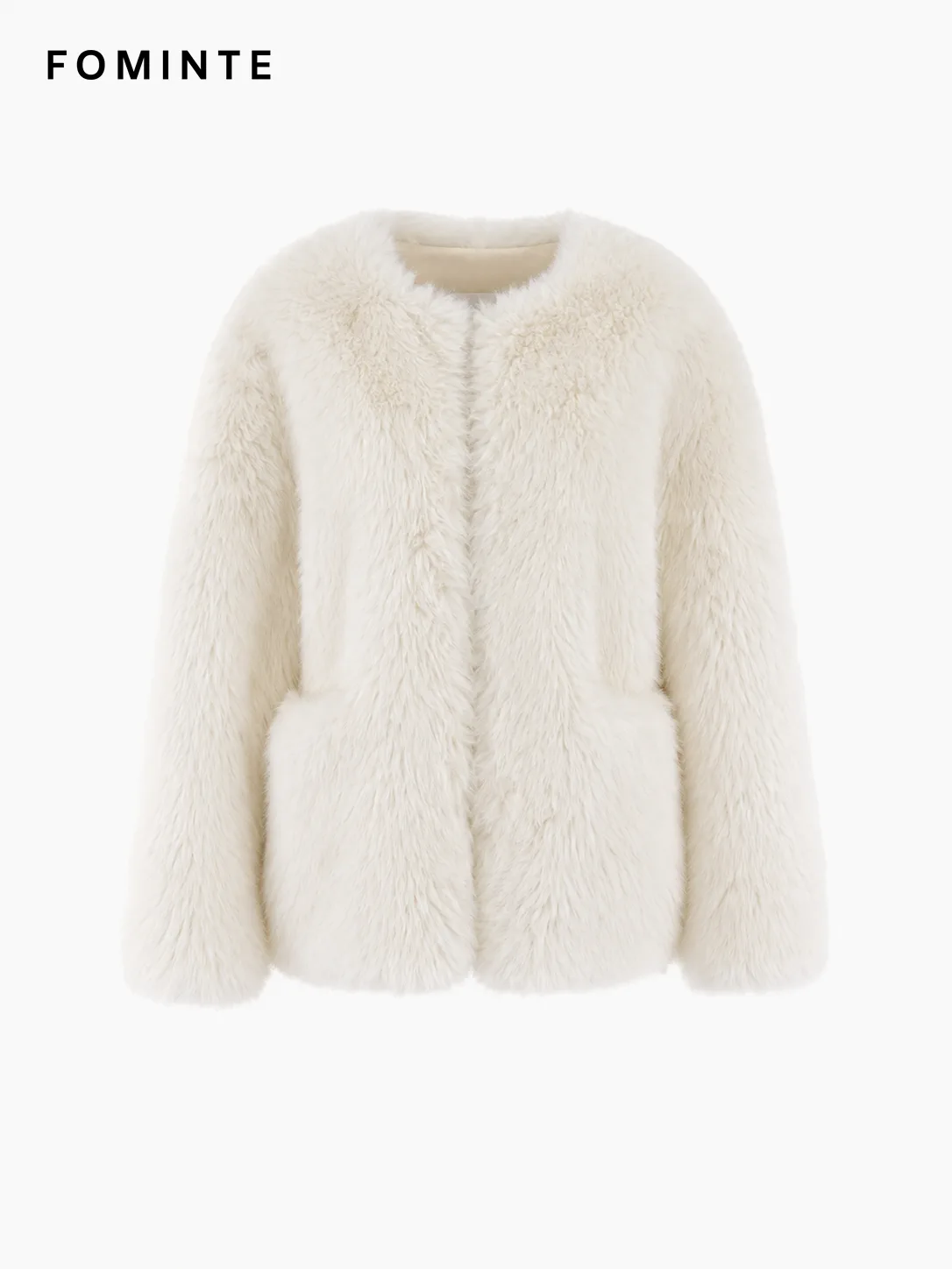 White Collarless Faux Fur Jacket Wholesale
