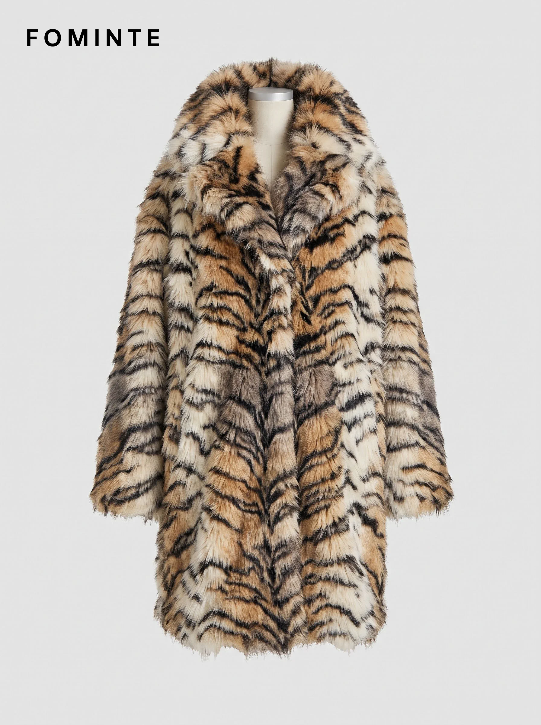 Warm Ivory Tiger-Inspired Faux Fur Coat Wholesale