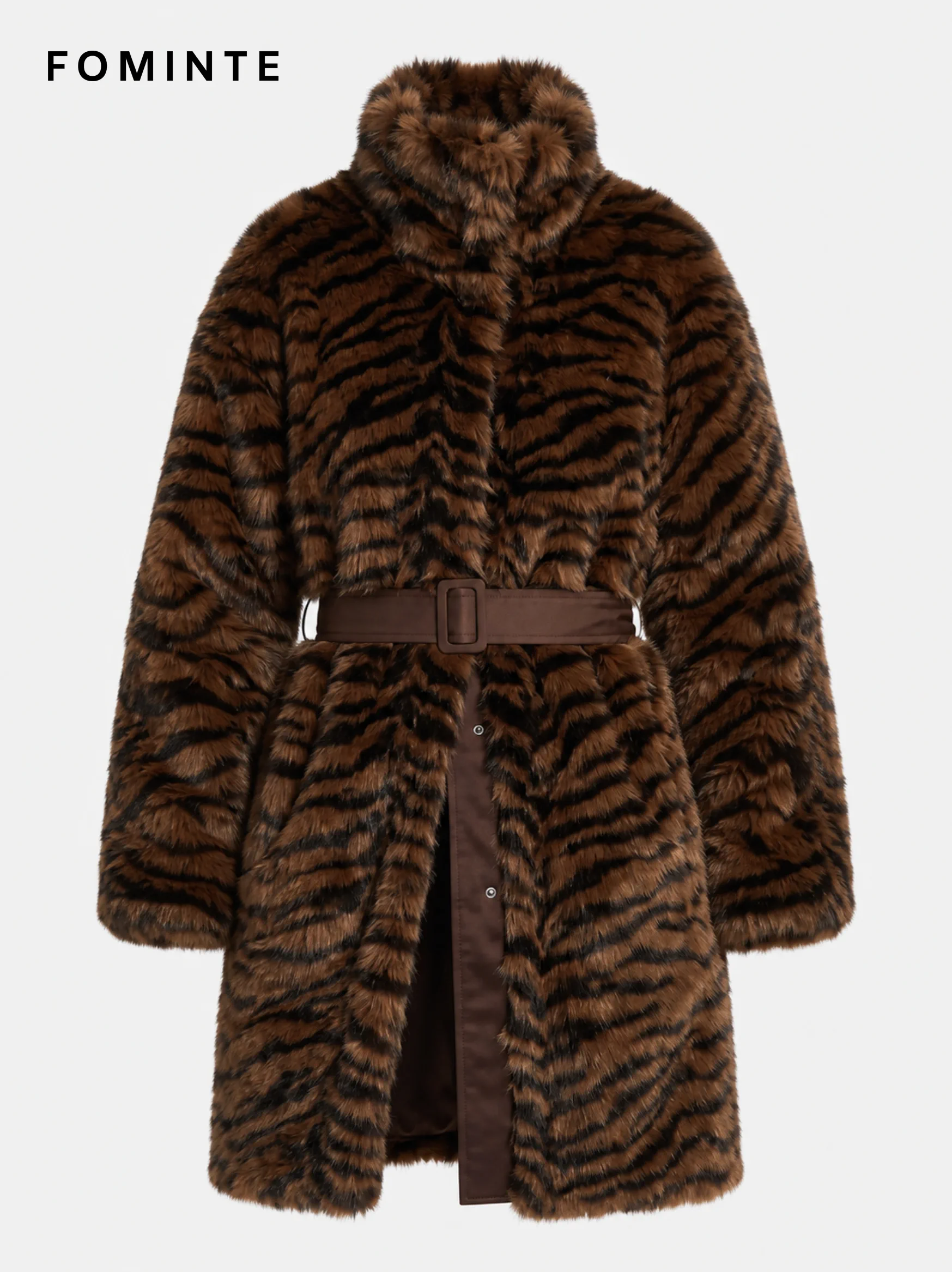 Deep Brown Belted Tiger-Inspired Faux Fur Coat Wholesale