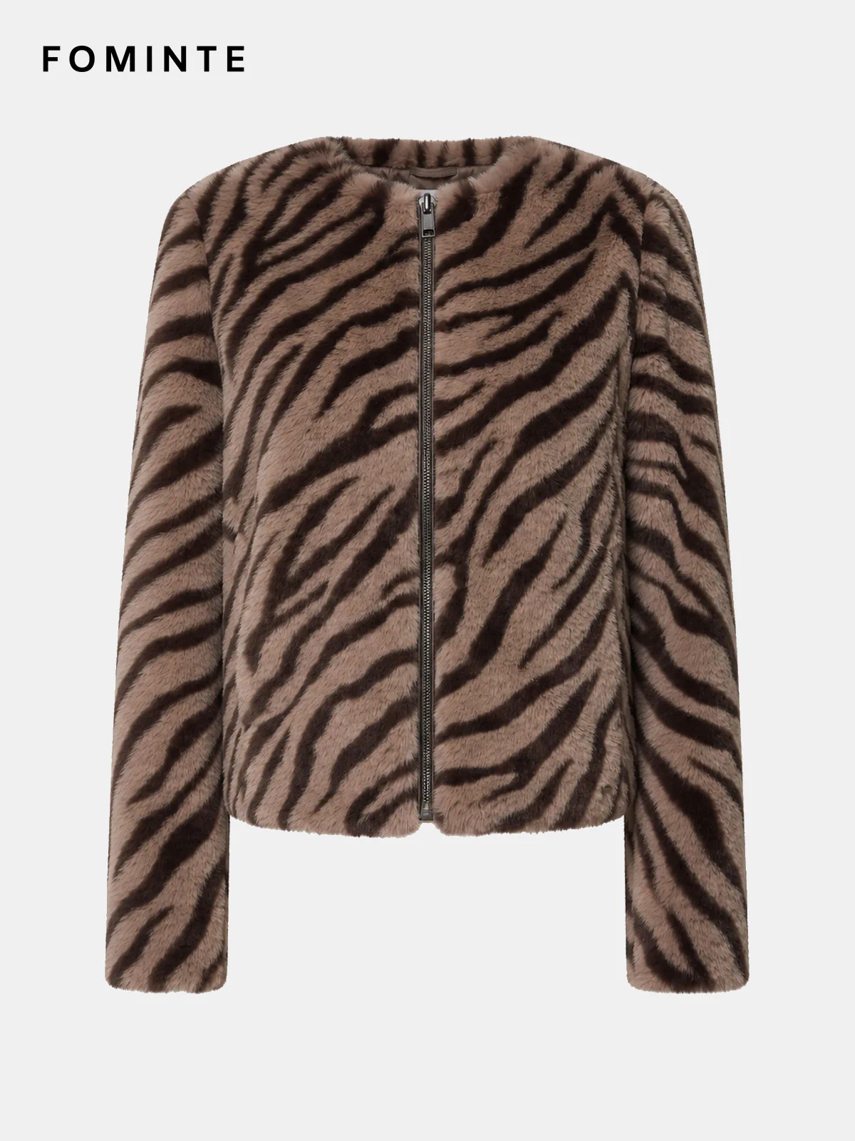 Taupe Zebra-Inspired Zip-Front Faux Fur Jacket Wholesale