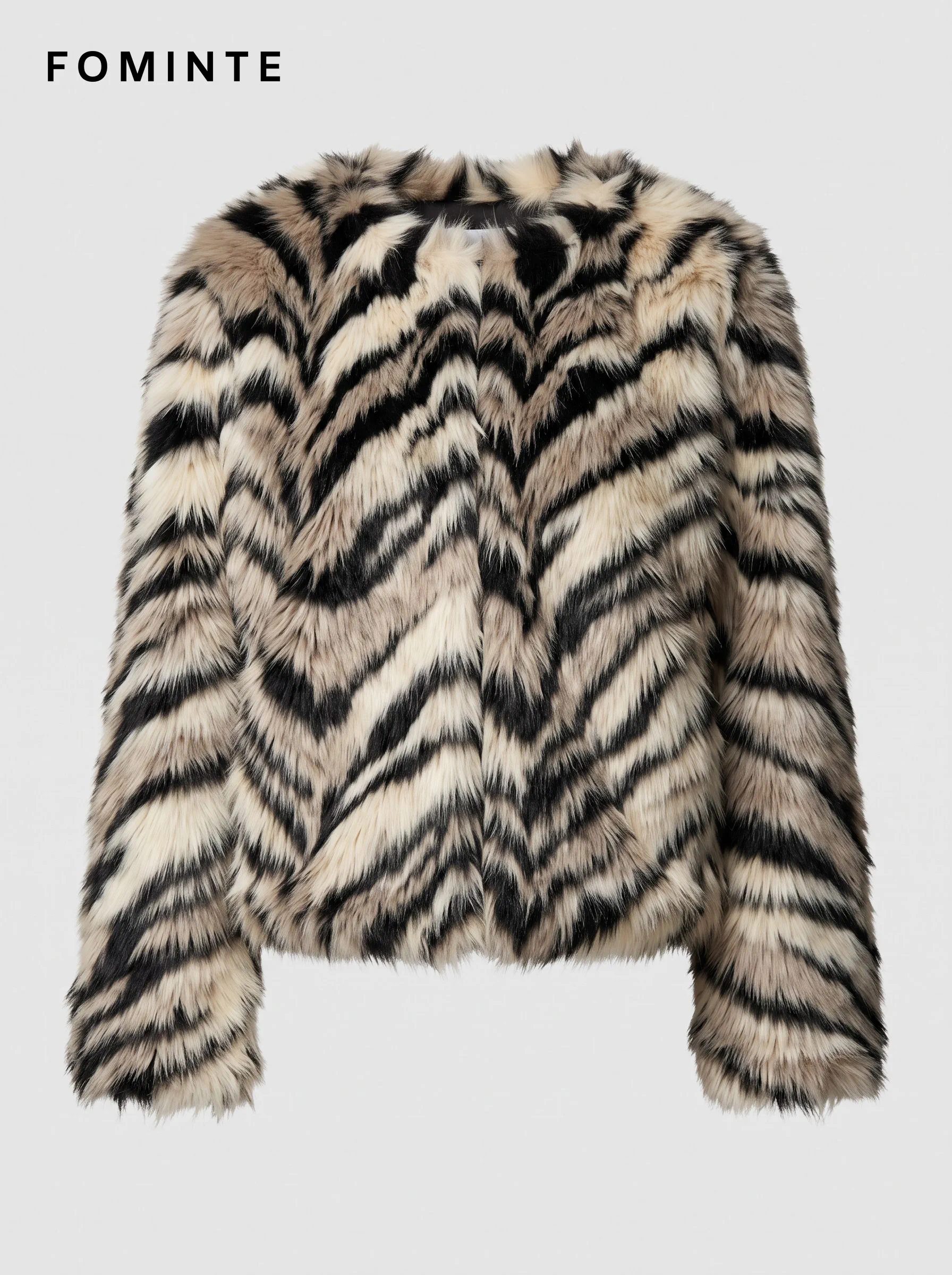 Ivory Diagonal-Stripe Faux Fur Jacket Wholesale
