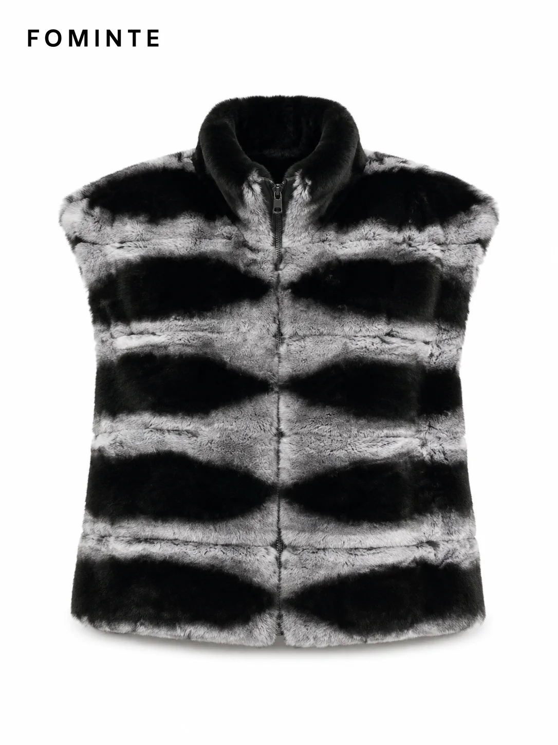 Black and Grey Banded Faux Fur Zip Vest Wholesale