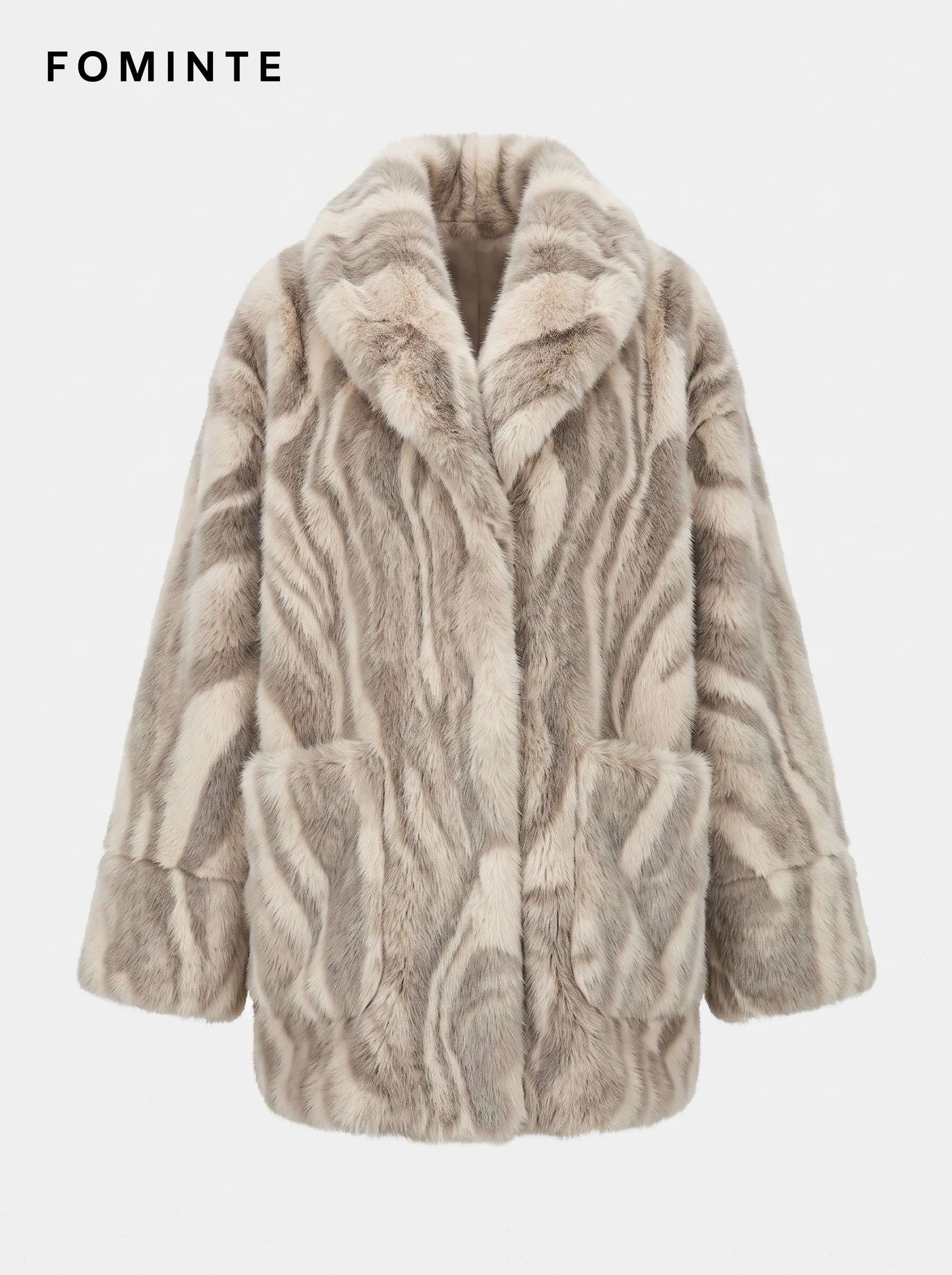 Pearl Grey Wave-Stripe Faux Fur Coat Wholesale