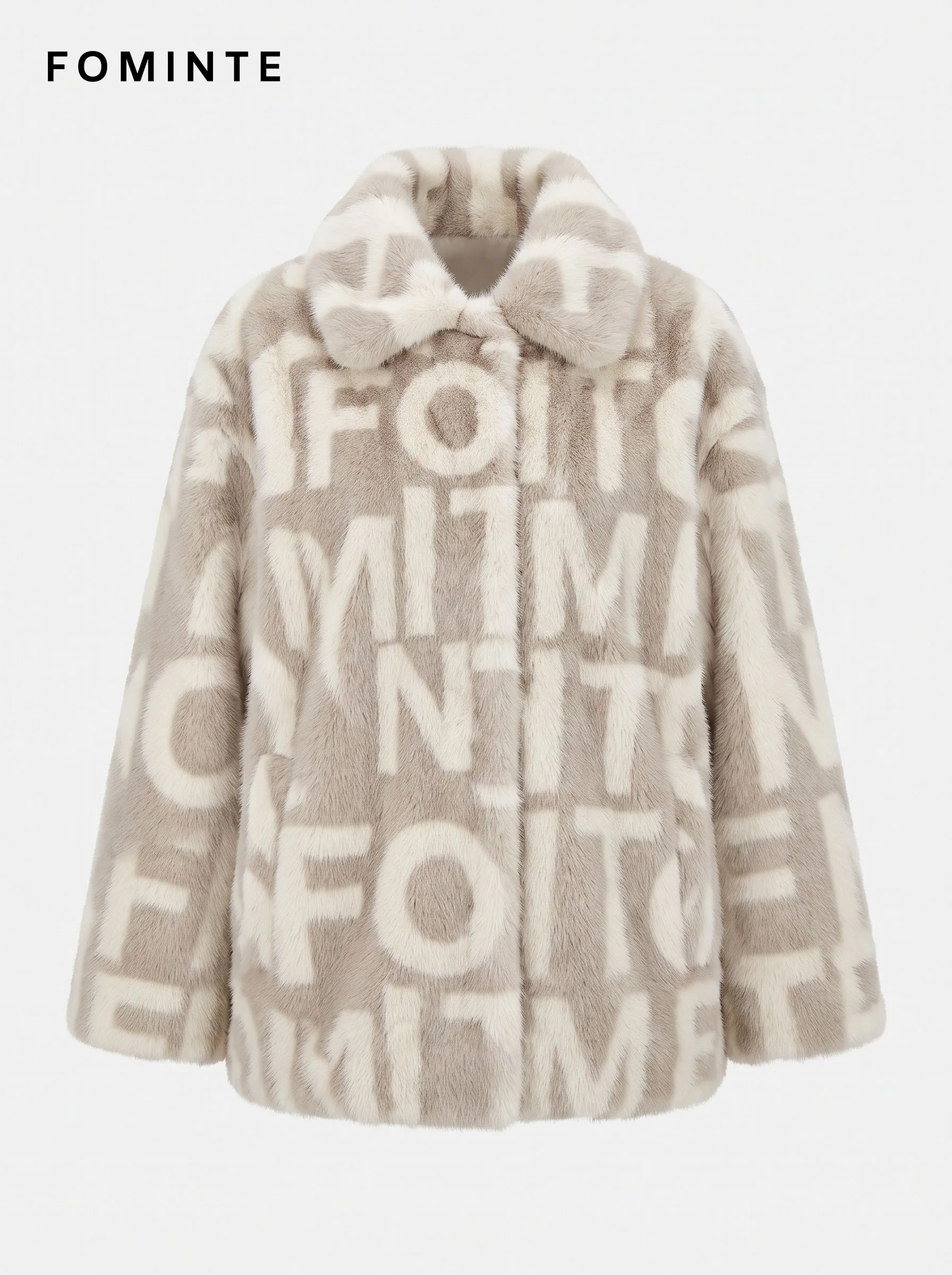 Greige Typographic Geometric Faux Fur Coat Wholesale
