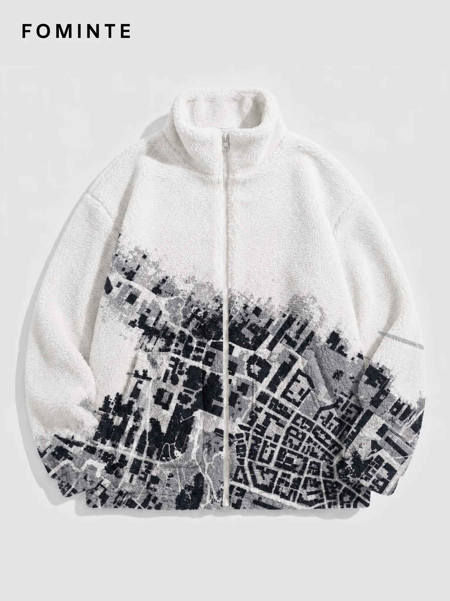 Black and Grey Abstract Print Full-Zip Fleece Jacket